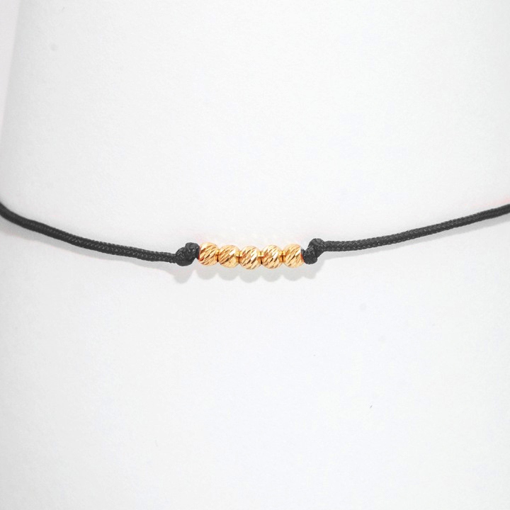 Zlatý náramek na šňůrce kulička x5 zlato 585 černý pro štěstí pět