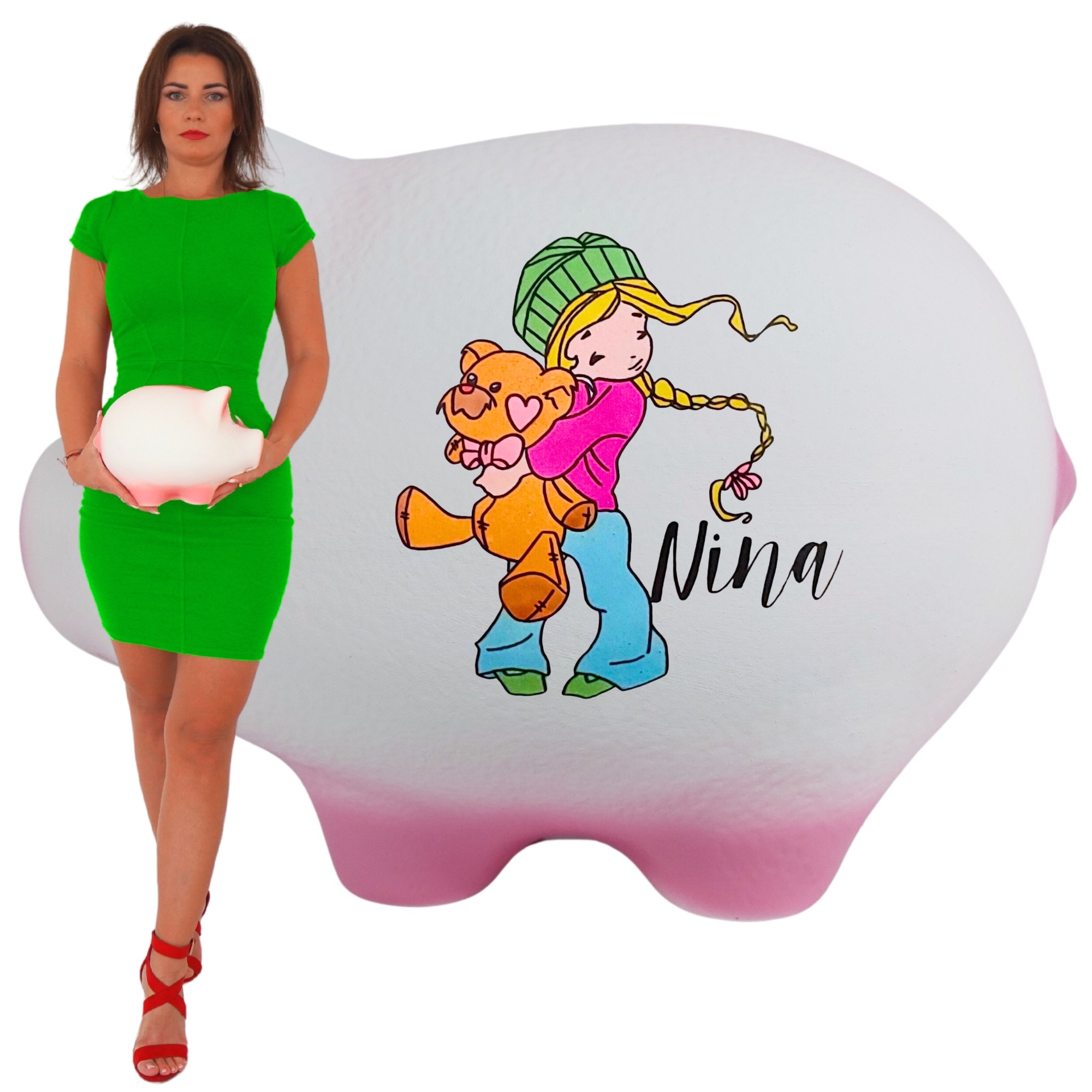 Pokladnička prasátko velká jménem nápis bílá velká XL na rozbití prostorná