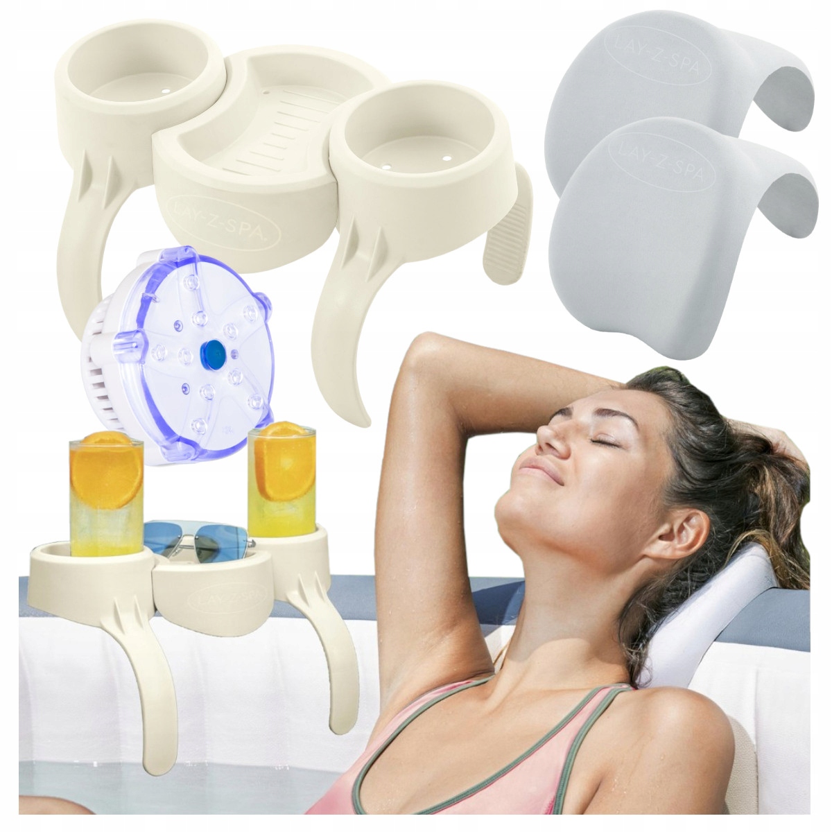 Sada 3v1 Lay-Z-Spa Držiak na nápoje 2x Vankúš Led lampa Bestway