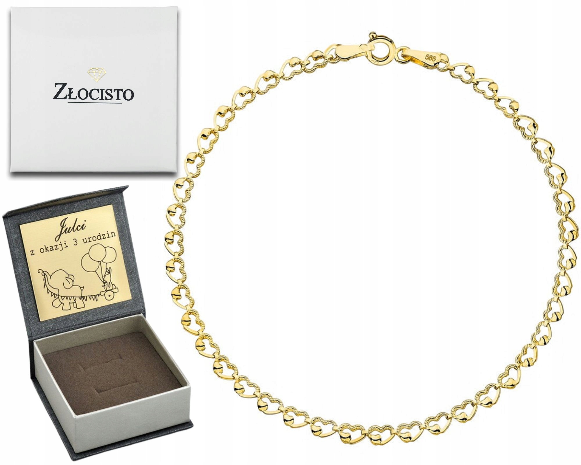 Złota Bransoletka Splecione Serca Serduszka 585 Złoto Grawer