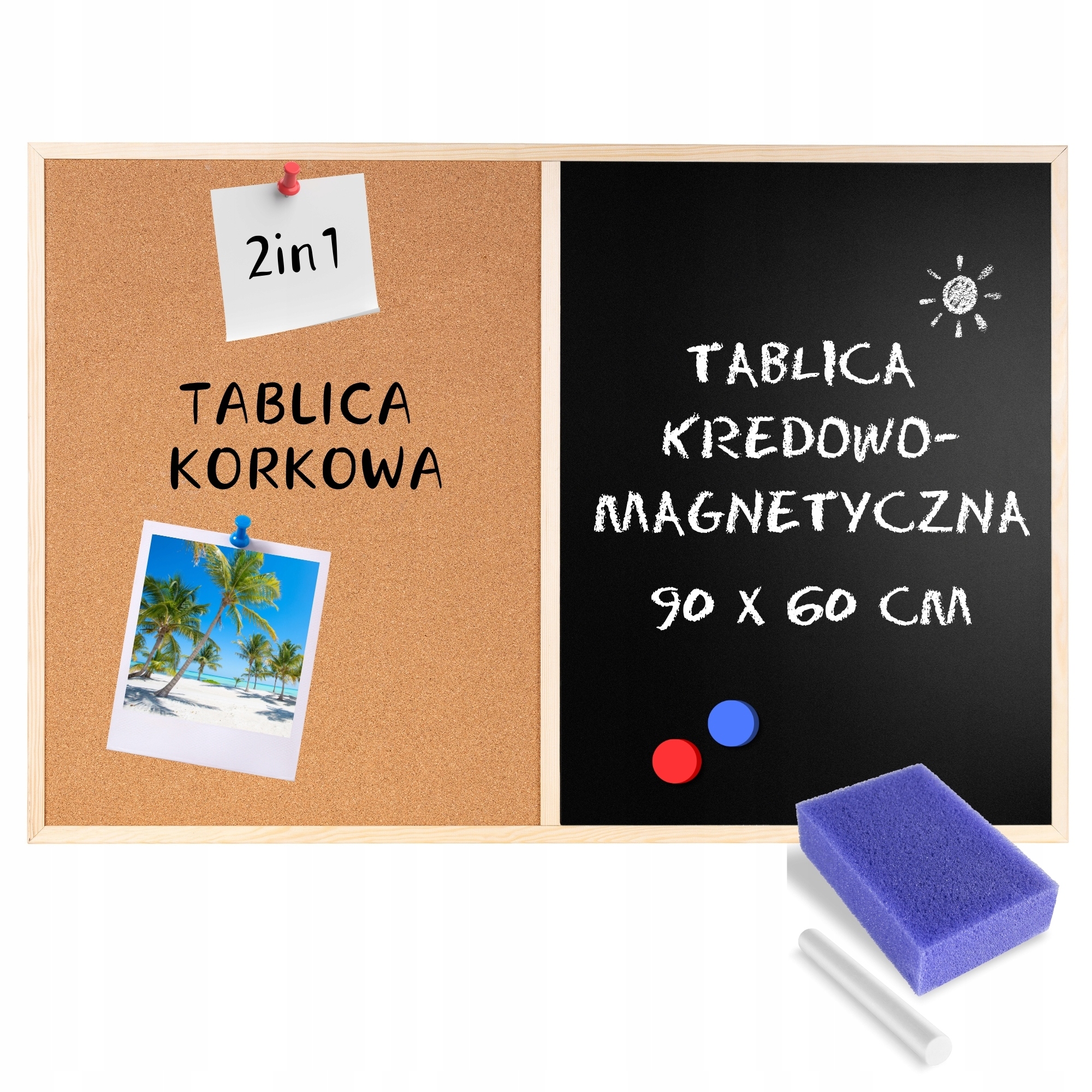 Tablica korkowa kredowa magnetyczna 2w1 90x60 na ścianę pinezki magnesy