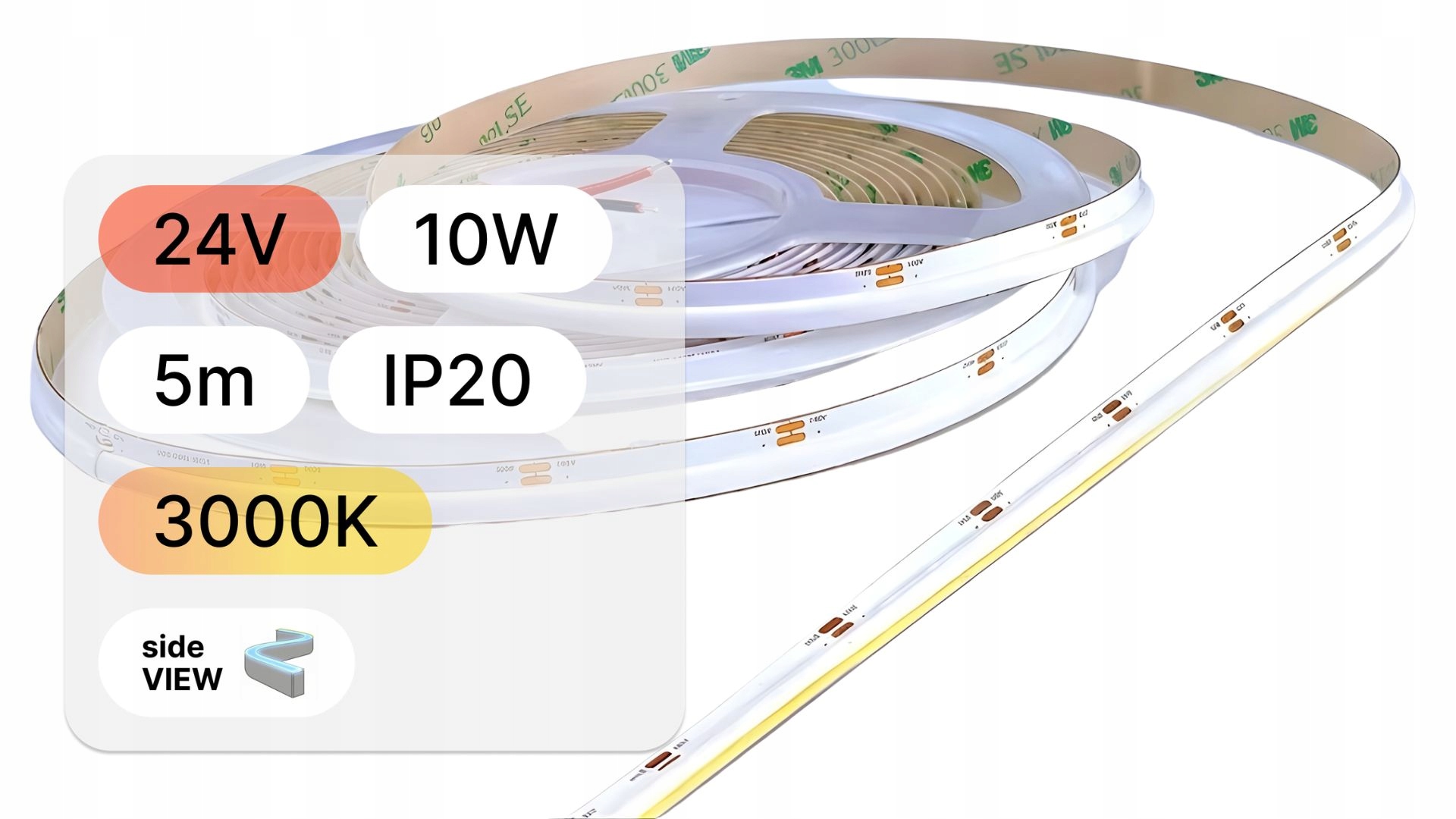 Led pásek 24V 10W Cob 480 Led 3000K 8 mm IP20 boční 5 m