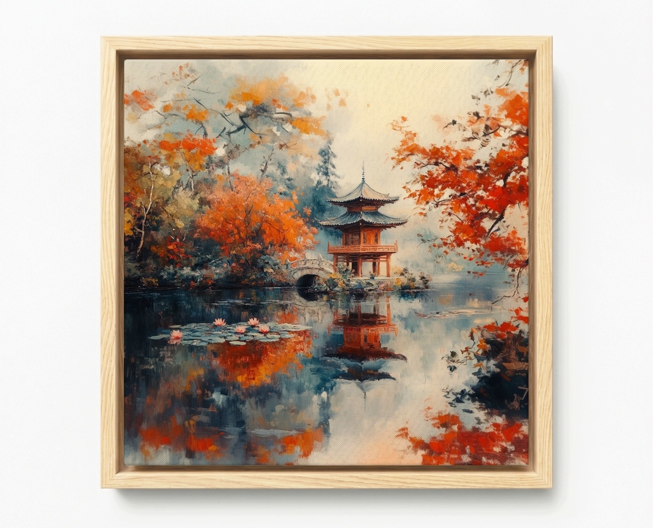 Obraz Rama American Box Pejzaž Japonsko Park Záhrada Jeseň Pagoda Most 60x60