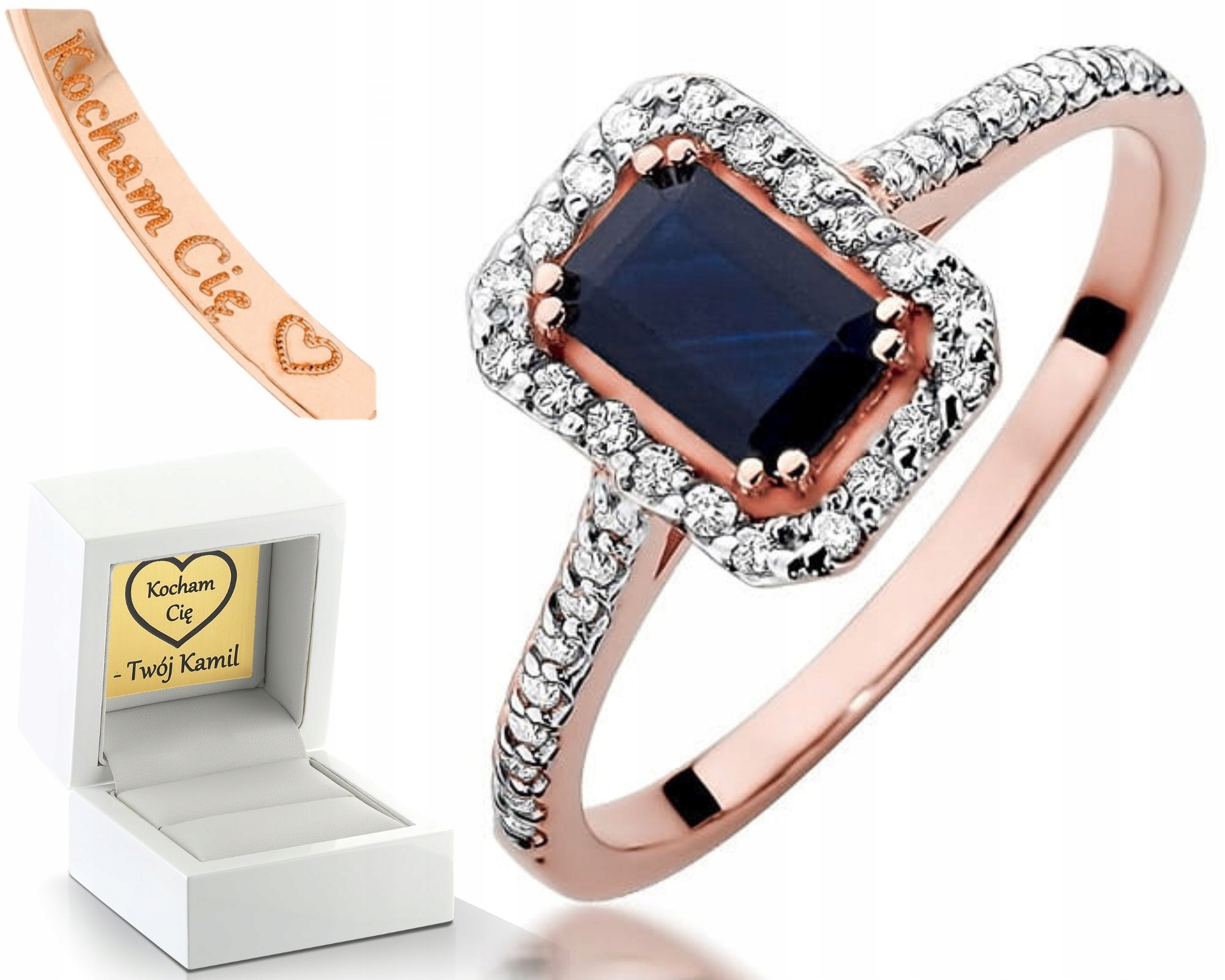 Prstýnek Safír Brilianty Růžové Zlato Gravírování