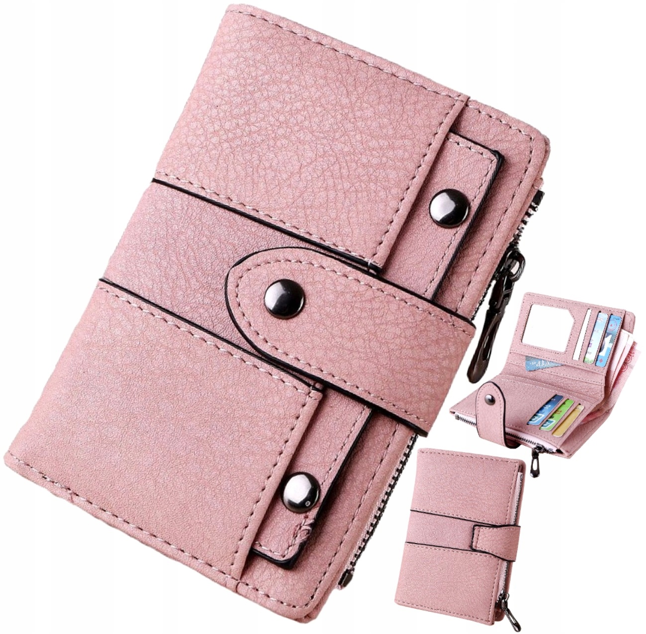 

Damski portfel skórzany na zatrzask miękki pojemny