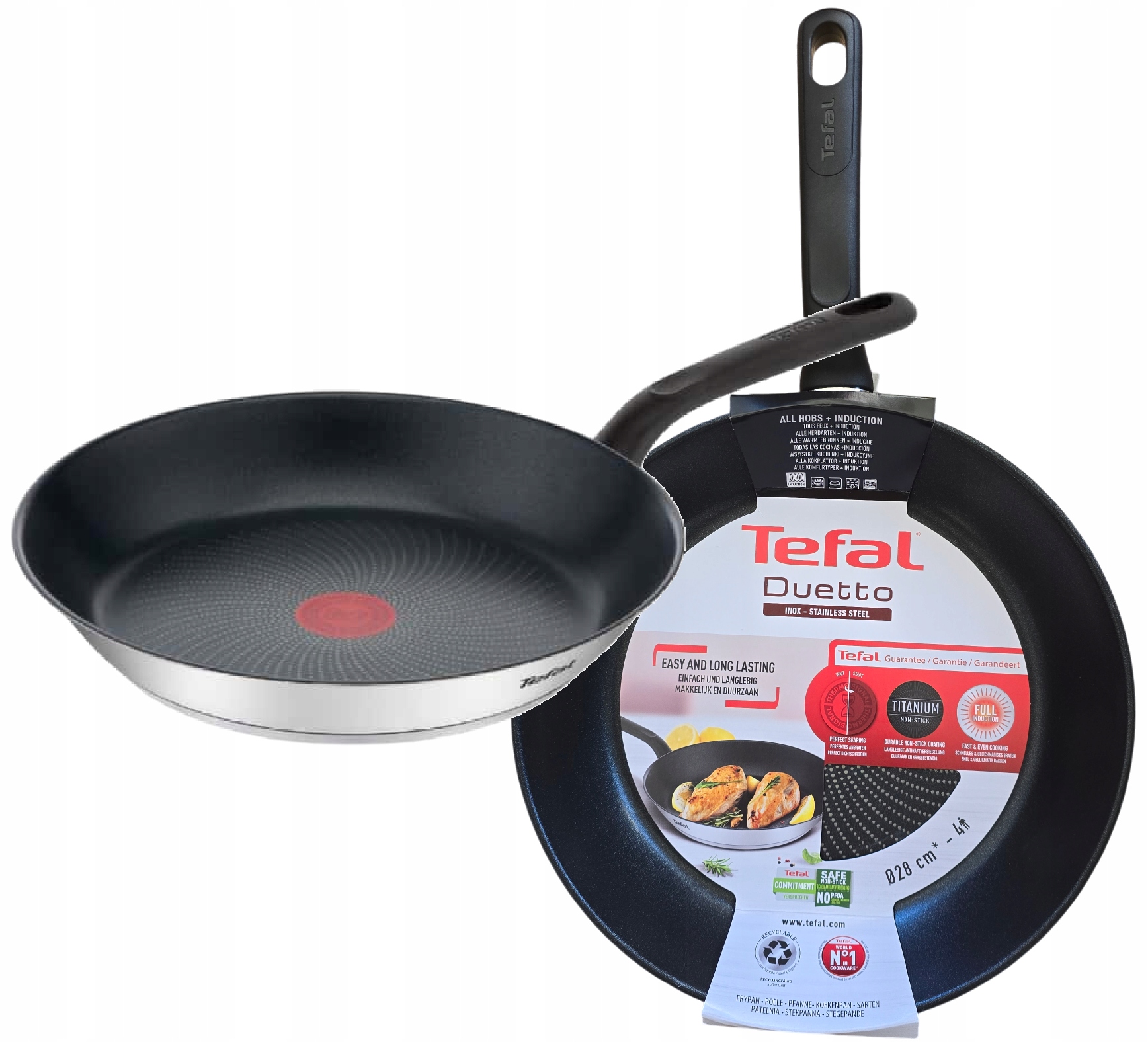 Patelnia Srebrna Tefal 28 CM Duetto Inox Indukcja
