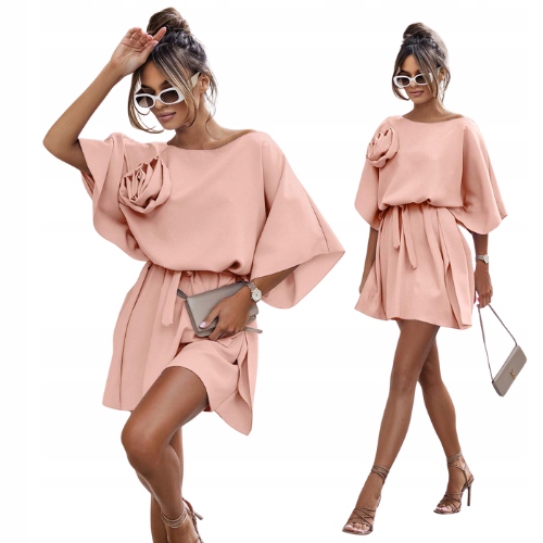 Sukienka Nietoperz Ozdobny Kwiat Wiązanie Oversize Brudny Róż