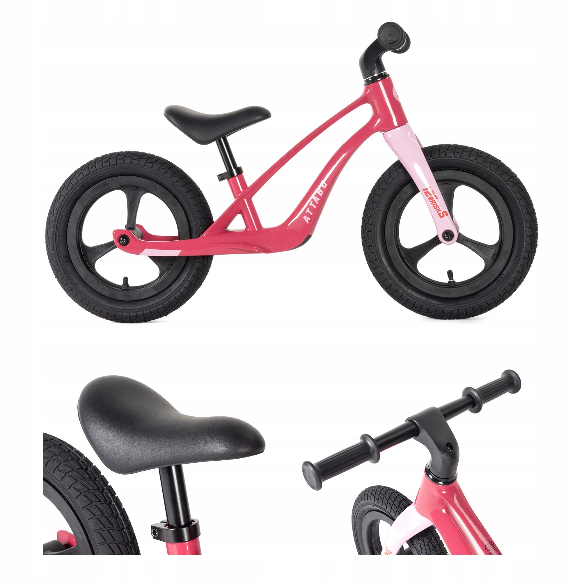 Rowerek biegowy Attabo Brisk S magnezowy różowy 12" ultra lekki 3,8 kg
