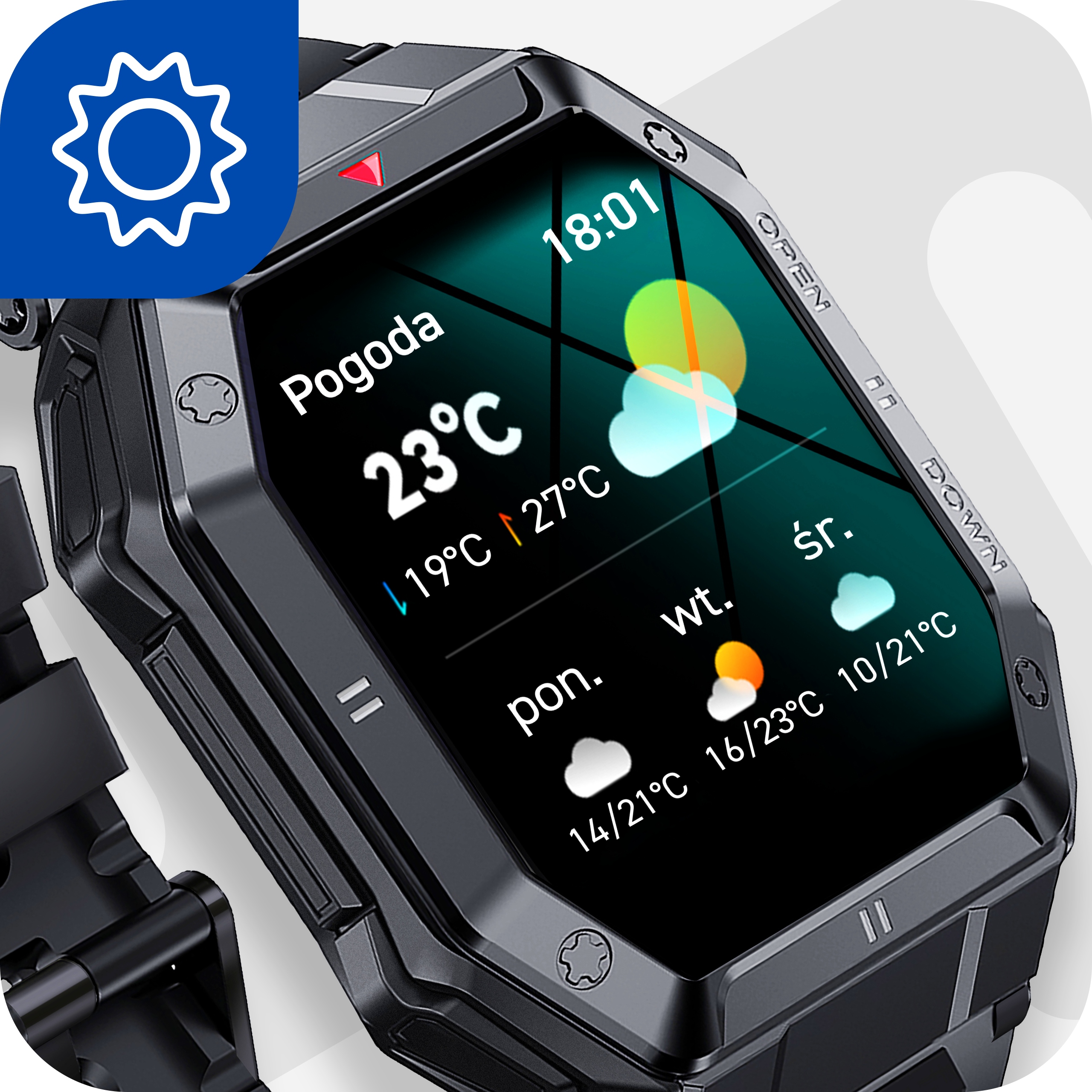 SMARTWATCH ZEGAREK MĘSKI MILITARNY ROZMOWY WIELOFUNKCYJNY POMIARY MENU PL Mechanizm kwarcowy