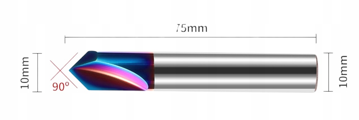 Frez Pogłębiacz Fazownik fi 10 mm 90° Węglik 65 Hrc Cnc 10x10x75mm Tialsin