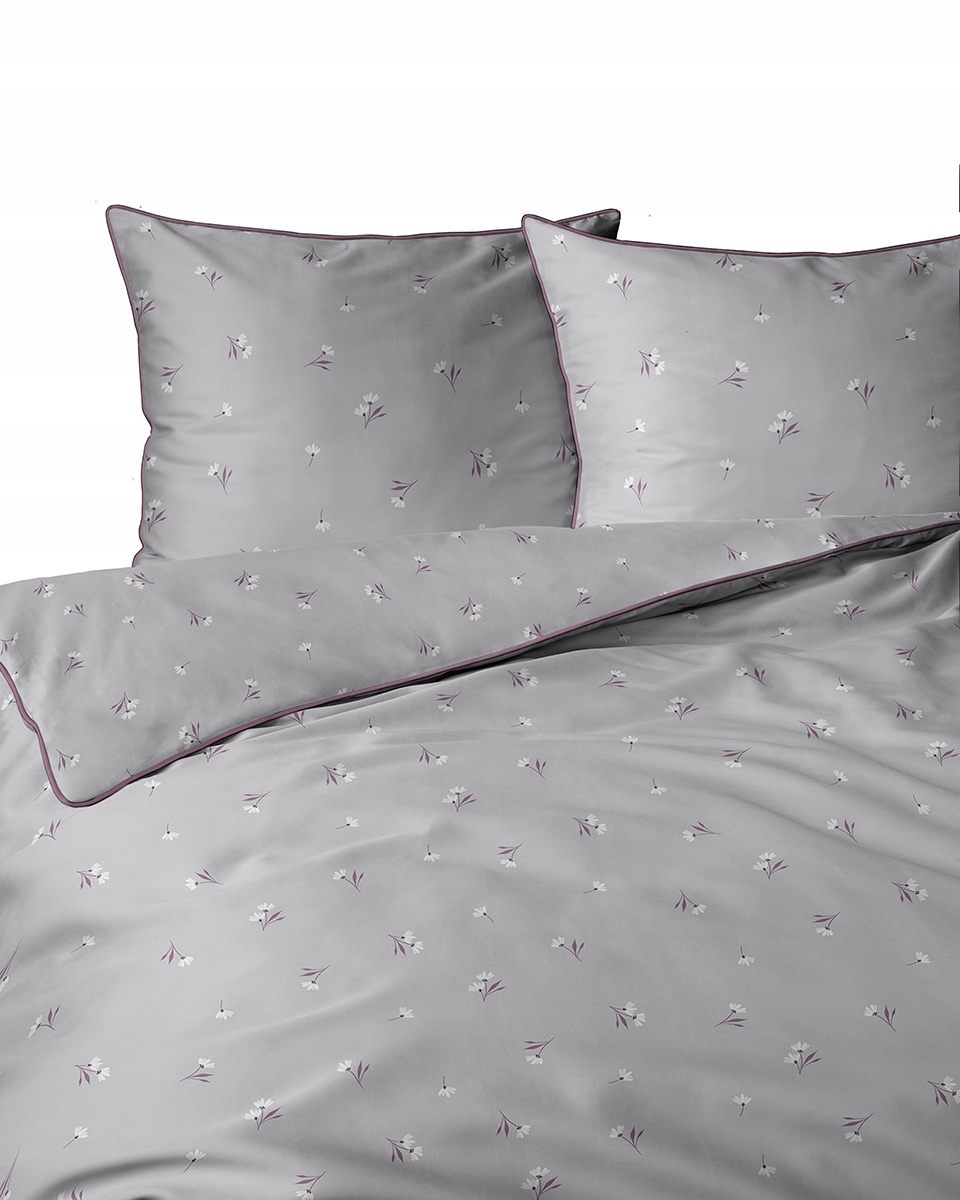 Pościel Bawełniana z Perkalu z Lamówką 160x200cm Lame Percale Szara Kwiaty