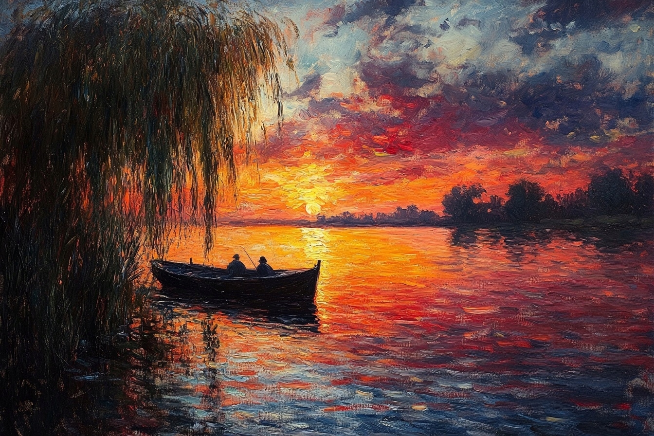 Obraz Na Plátně Canvas Krajina Jezero Loďka Rybář Slunce Západ 120x80