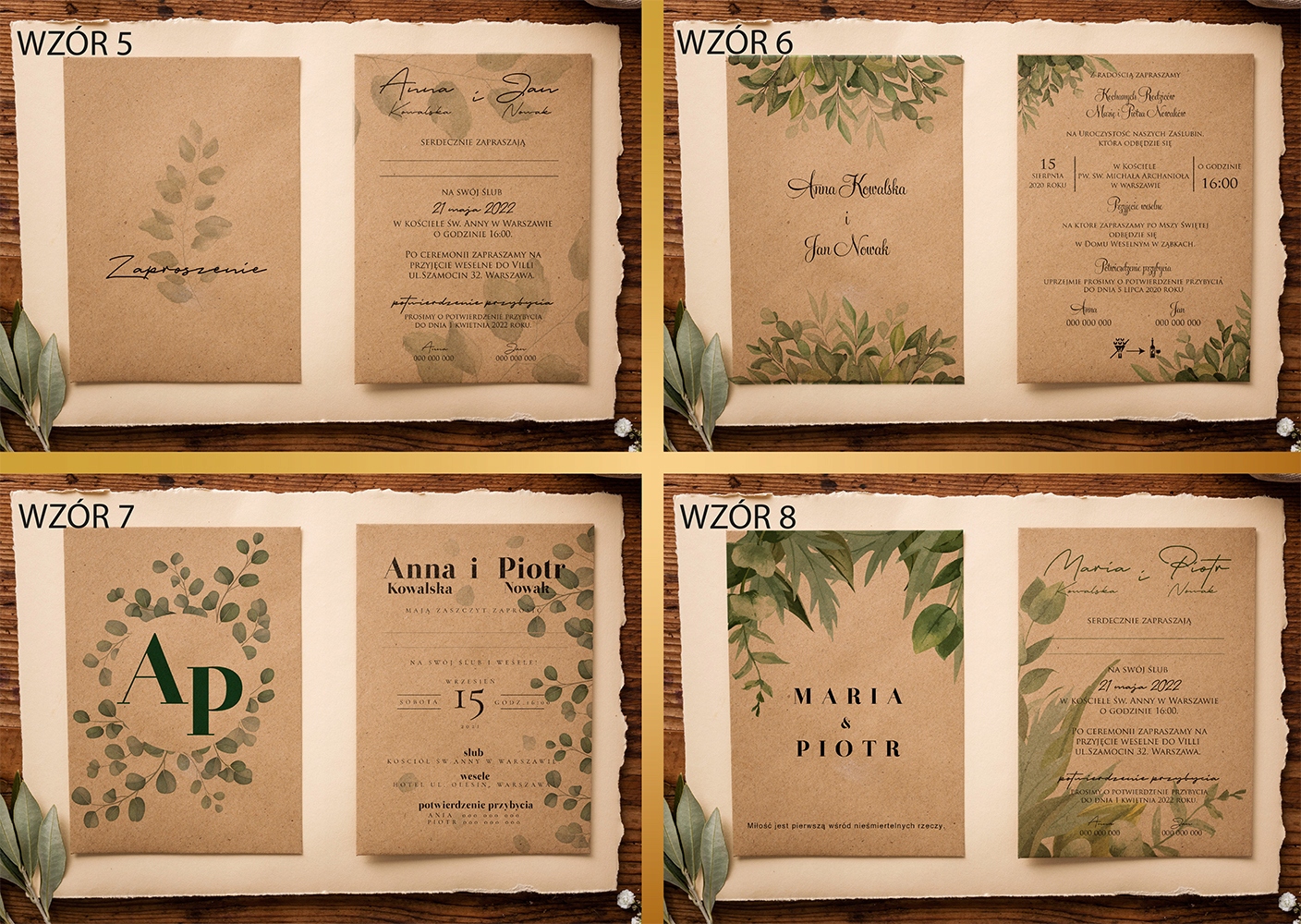 Zaproszenia Ślubne eko, rustykalne, boho, liście Kolor dominujący beże i brązy