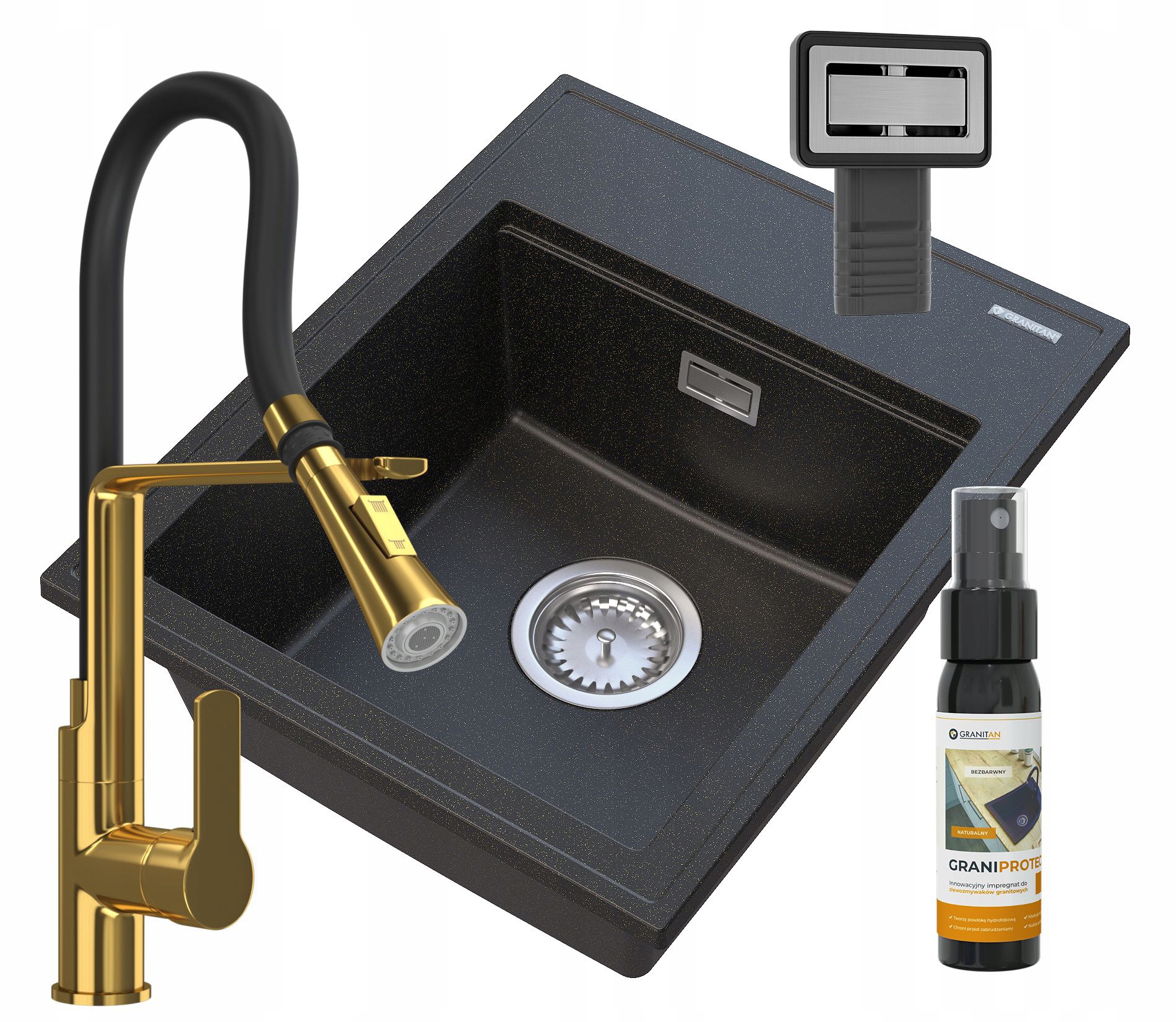 Granitový Drez Čierny Zlatý Kuchynský Set Alor
