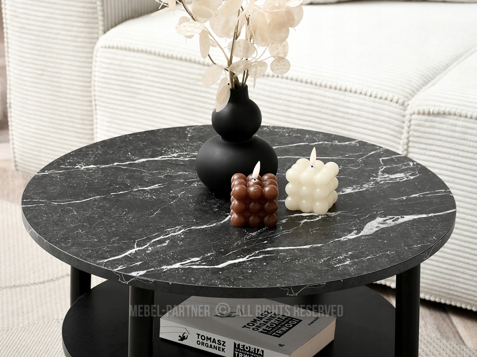 ELEGANKI STOLIK Z PÓŁKĄ RENNE S Z BLATEM CZARNY MARMUR Głębokość mebla 60 cm