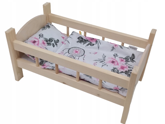ŁÓŻECZKO DREWNIANE dla lalek POŚCIEL 3 EL.