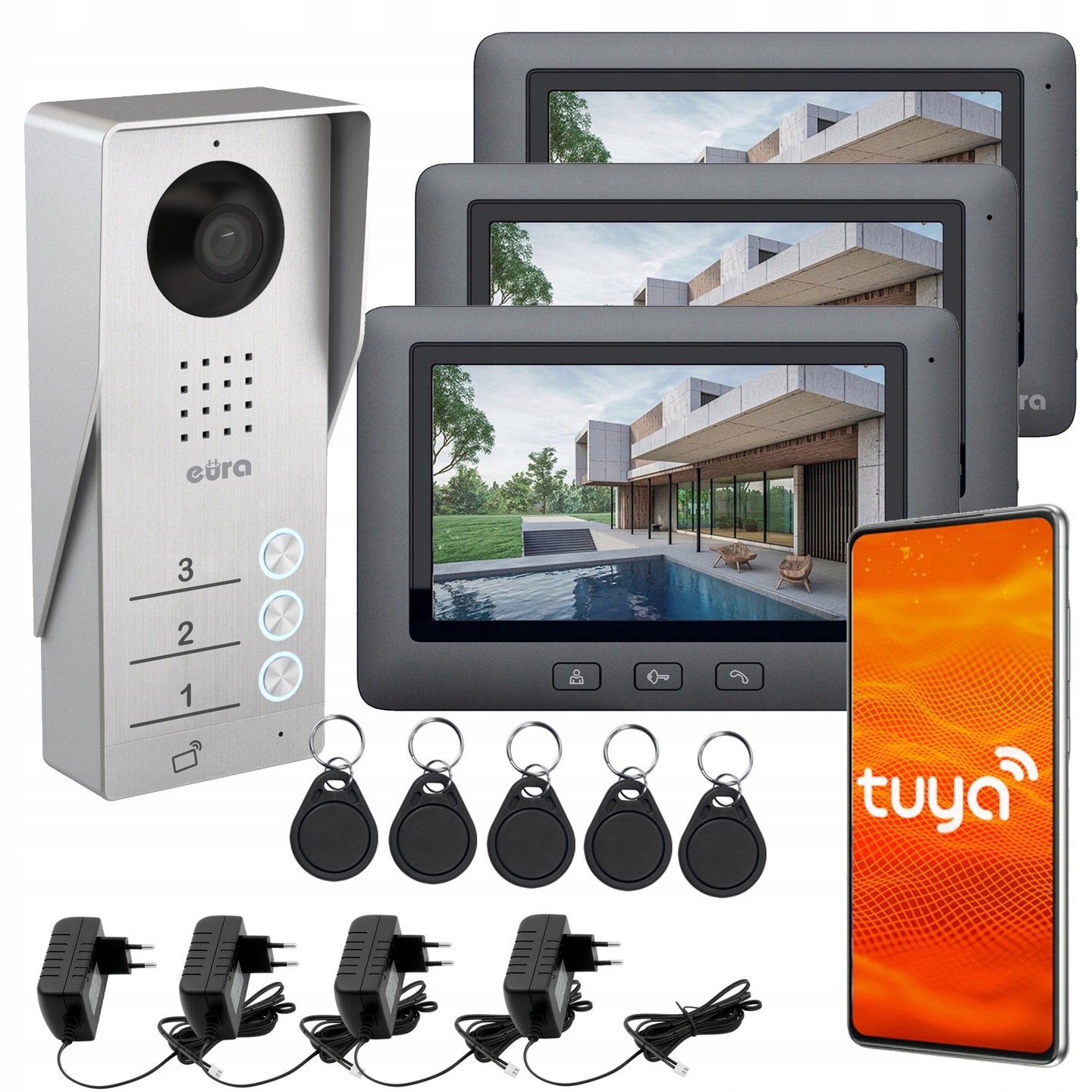 Wideodomofon Trójrodzinny domofon 3 lokale breloki aplikacja Tuya