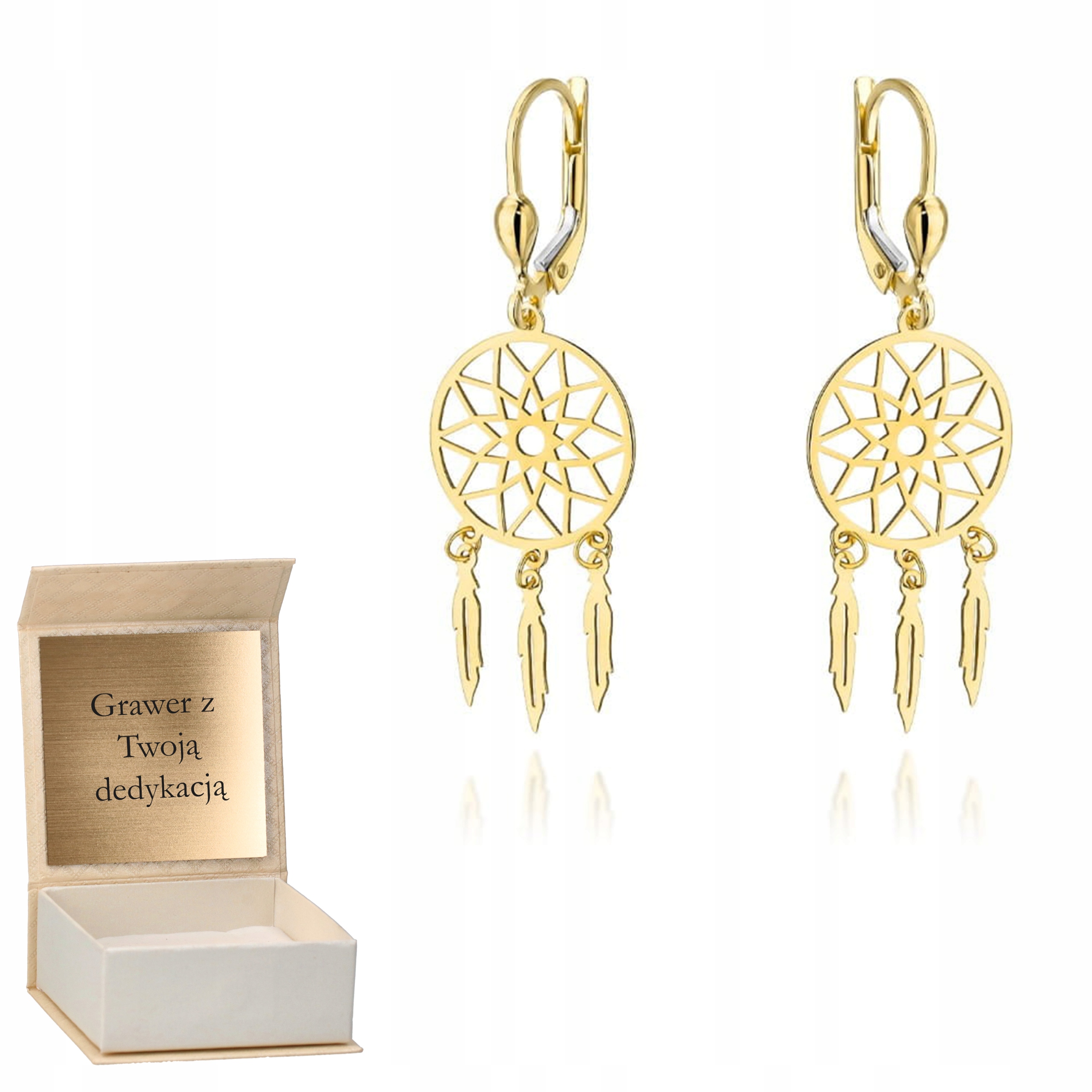 Zlaté náušnice lapače snů zlato ryzost 585 Gravírování