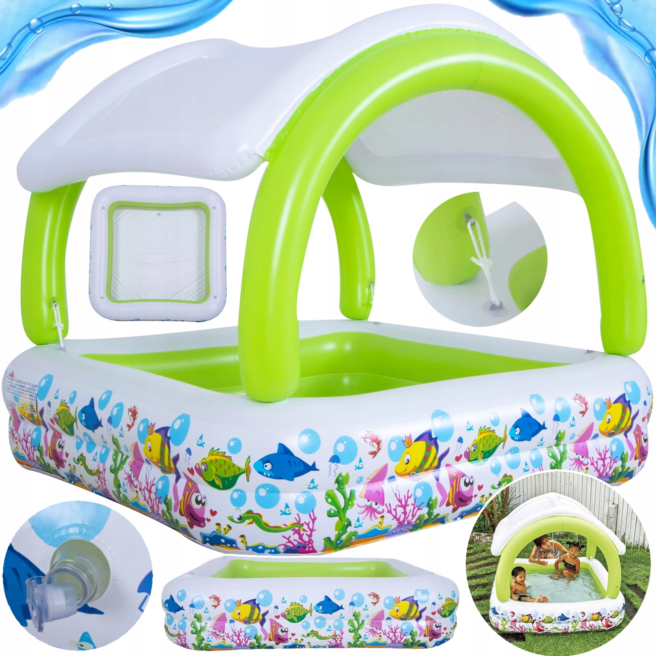 Basen Ogrodowy Dla Dzieci Z Daszkiem Dmuchany Rybki Kwadratowy 143X143X123
