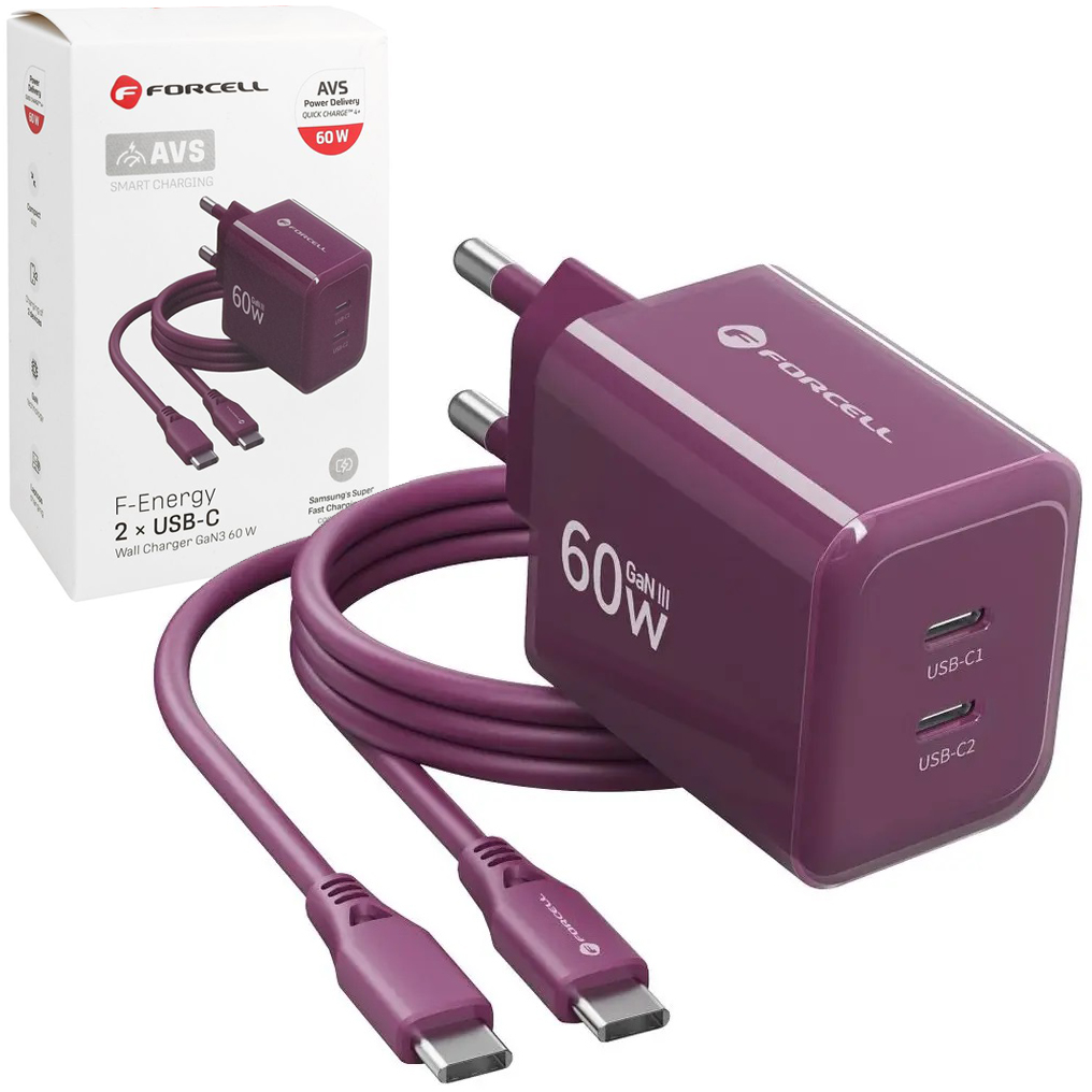 Superrychlá nabíječka 60W pro iPhone 18 Pro/Max Duo Kostka Usb-c Burgundy