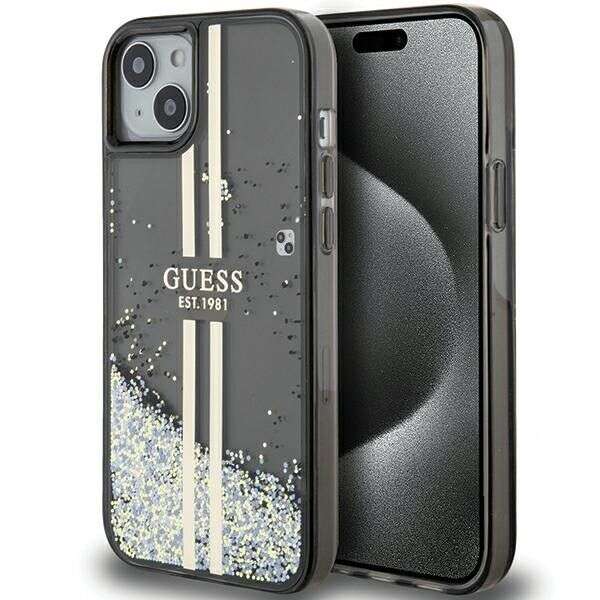 Originální Pouzdro Guess pro iPhone 15 Plus (Liquid Glitter Gold Stripes černá barva)