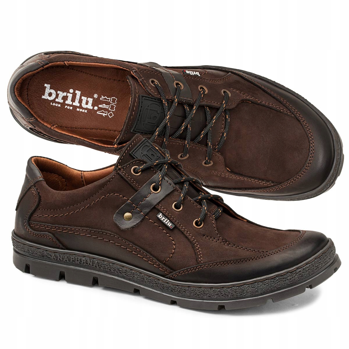 Brilu Polskie Skórzane Sznurowane Półbuty Męskie Dustin Brązowe 42