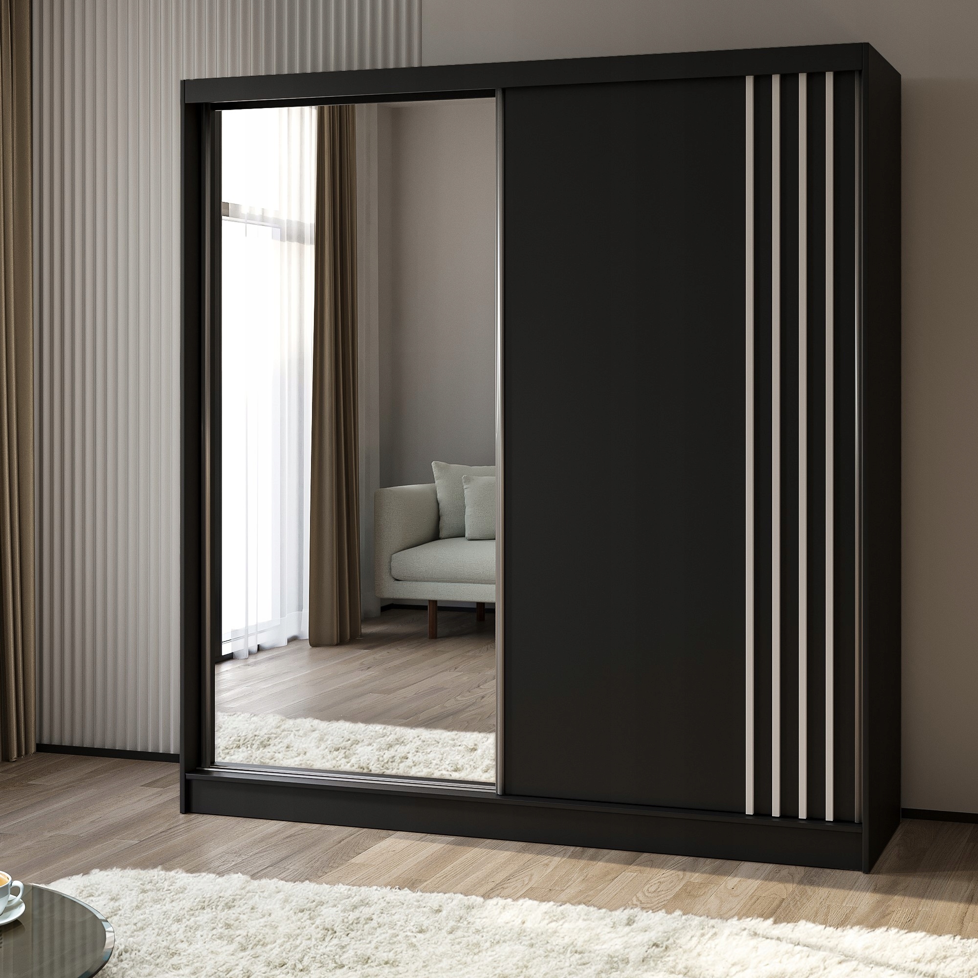 Skříň dvoudveřová Nelvia 200 cm Skříň se zrcadlem Posuvná černá