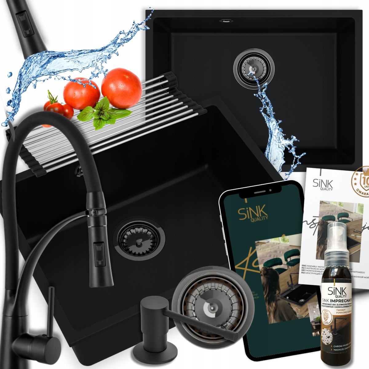 Dřez Černý granitový 60 cm s Baterií Sifon Dárek 9v1