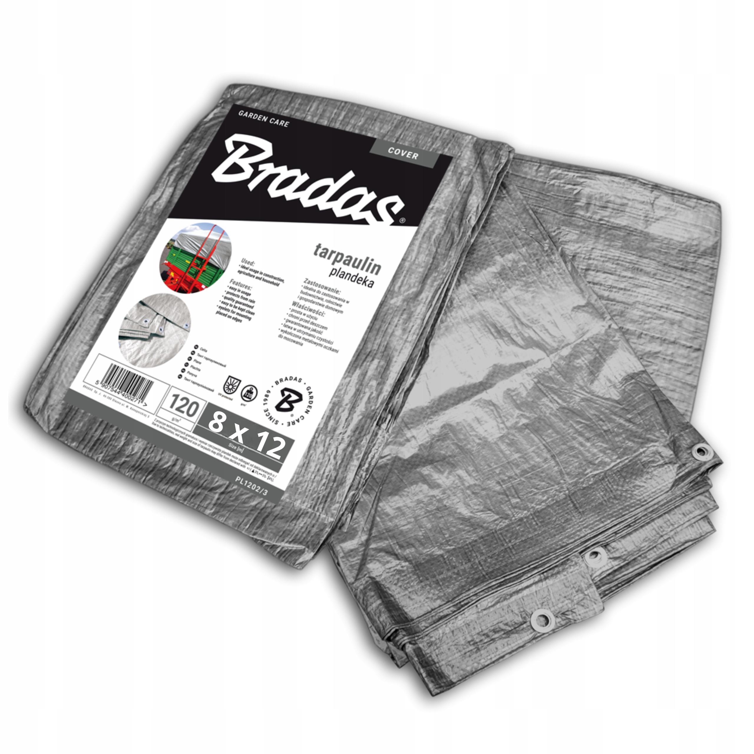 Strieborná Vystužená Plachta 120 g/m2 8 x 12 m Vodotesná Plachta Bradas