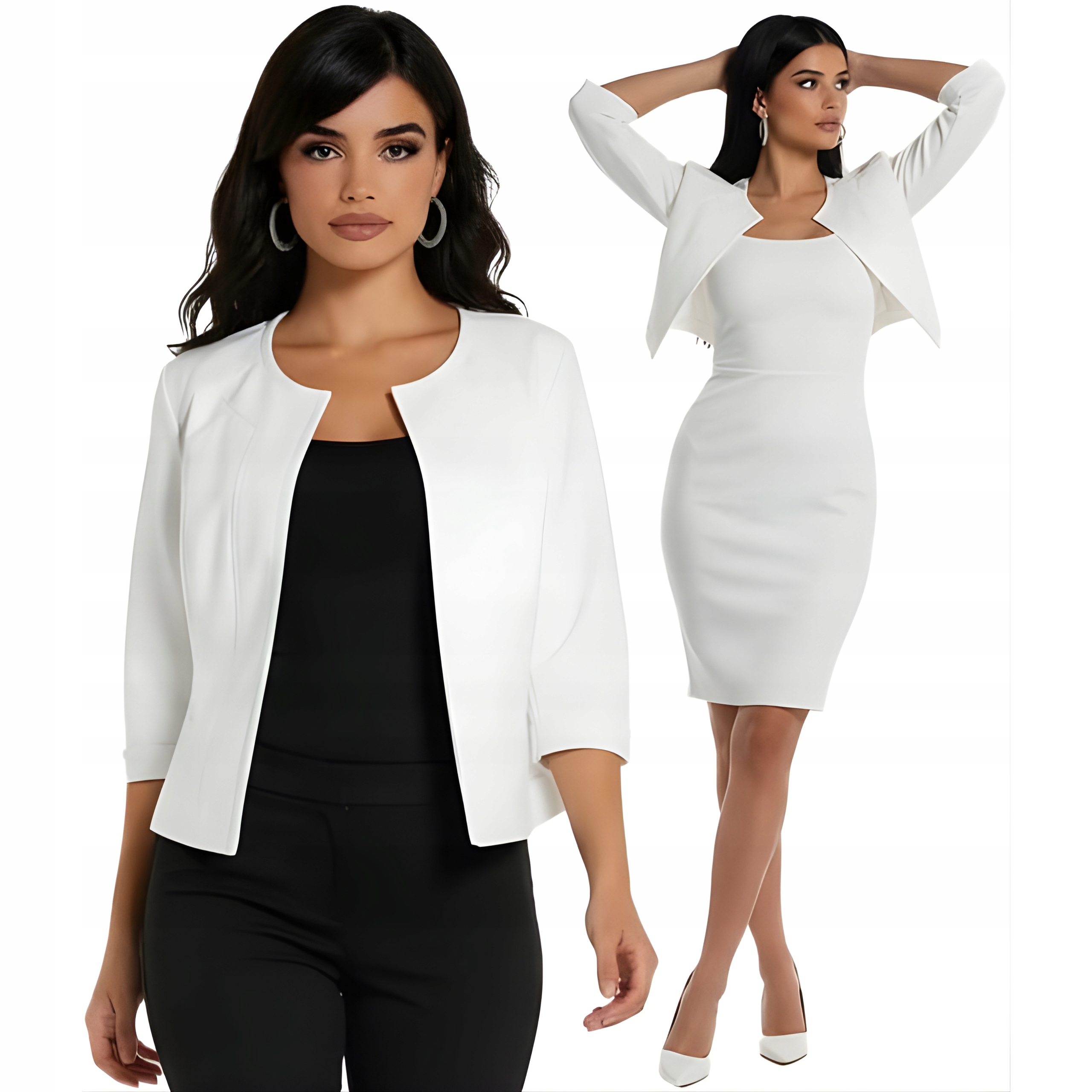 Bolerko Białe Eko Skóra Żakiet Damski Stylowy na Wieczór Rękaw 3/4 Roz