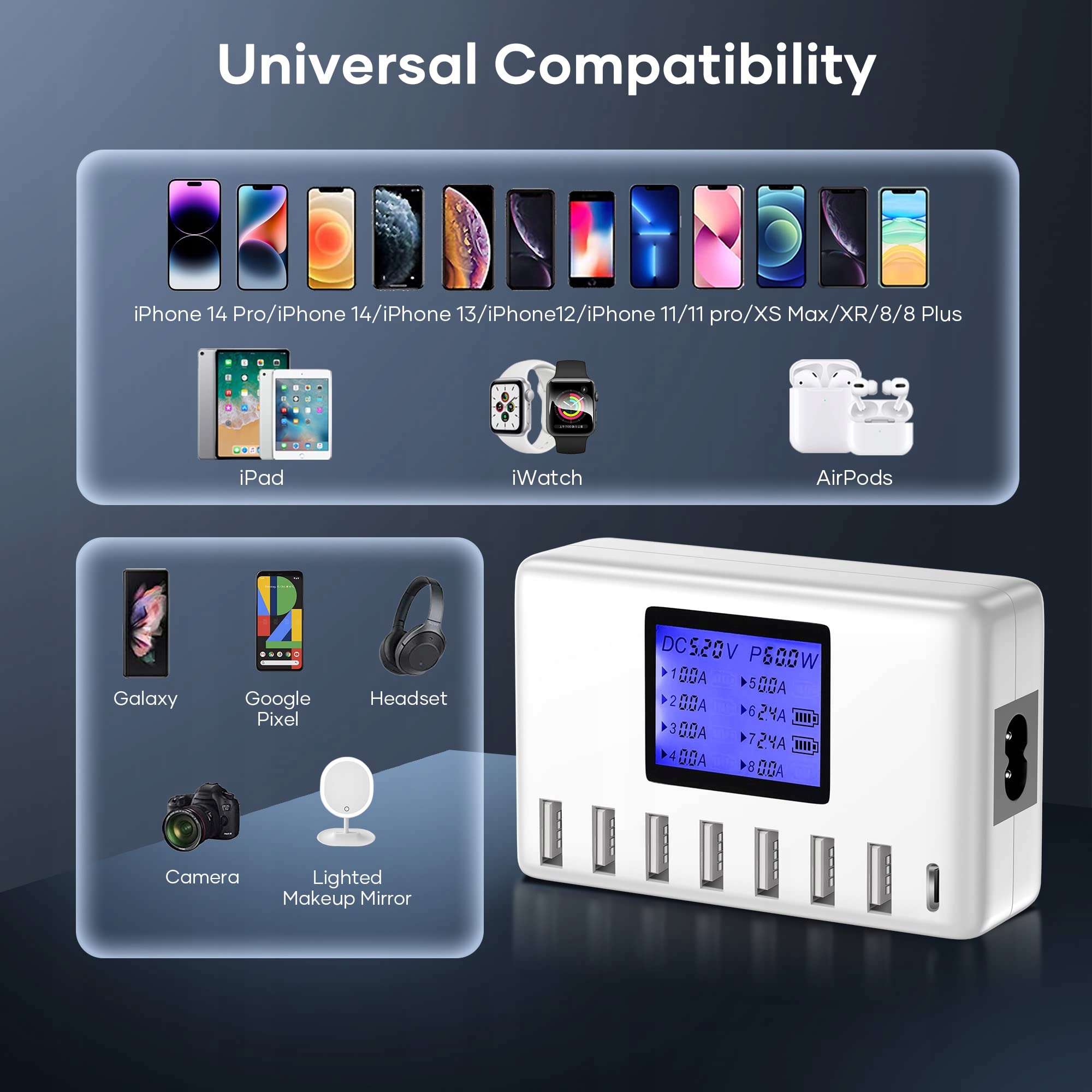 USB HUB Ładowarka 60W 8 Portów z Wyświetlaczem — miniatura 5