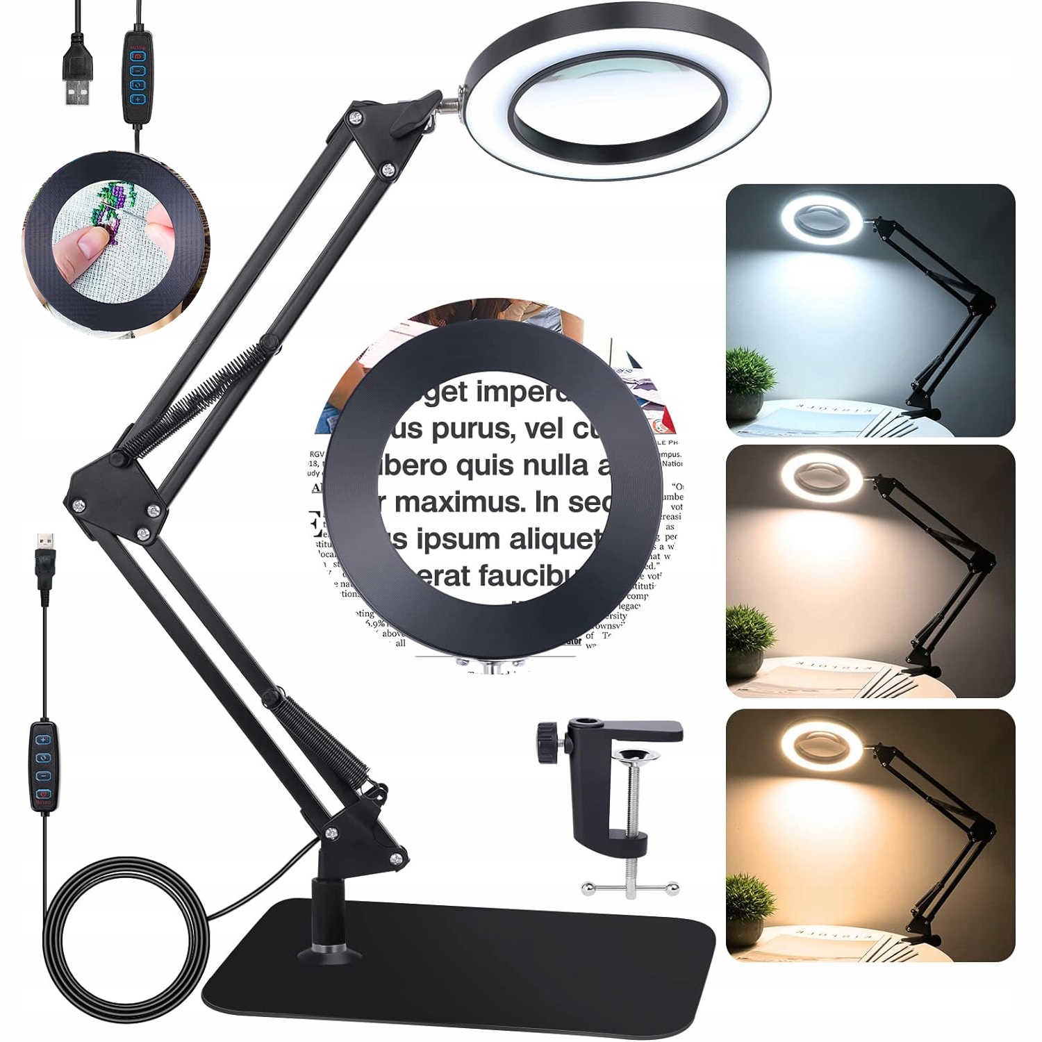 Led Lampa Kosmetická Lupa Sklo 8X Se Svorkou 3 Barvy 12W