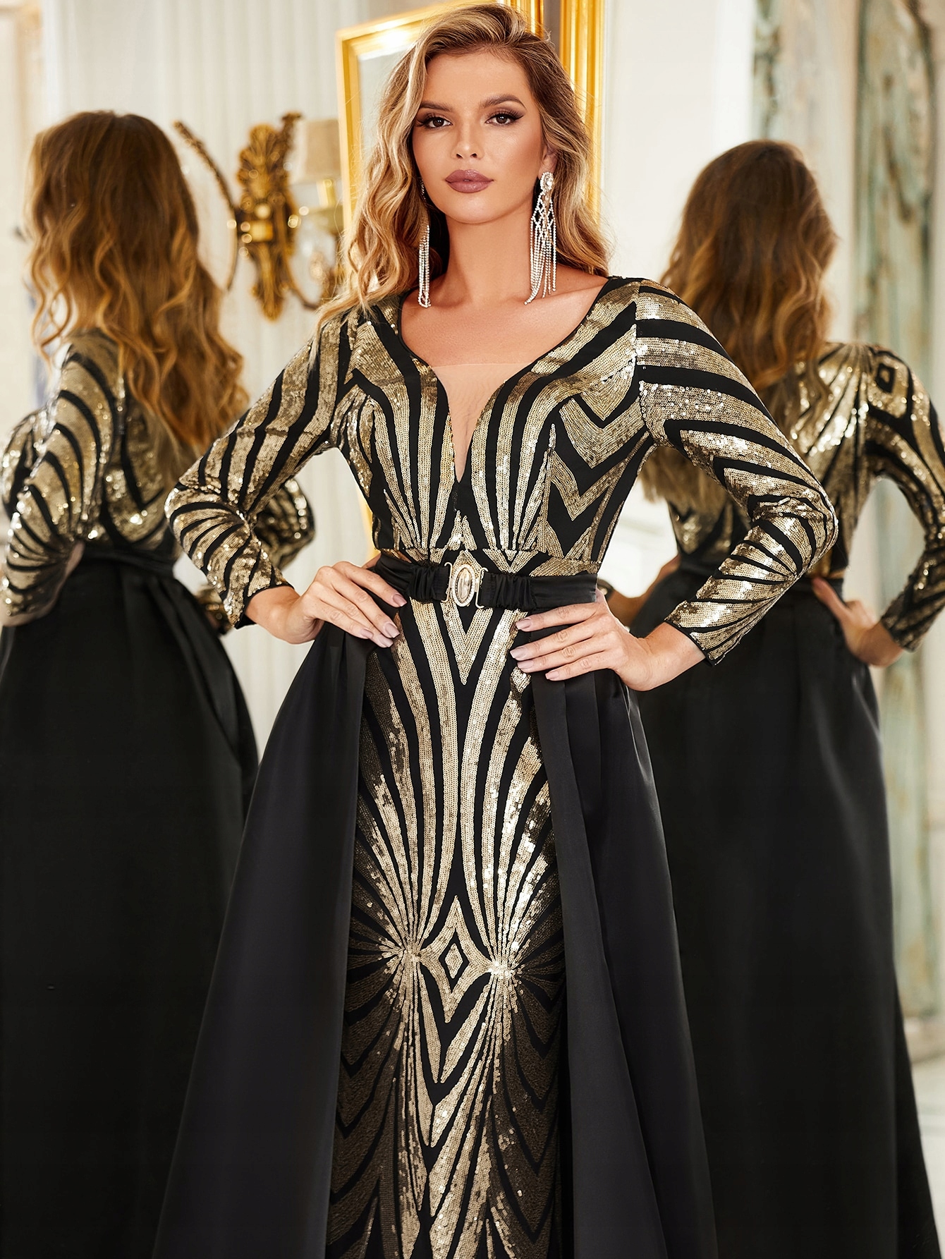 Šaty Večerní Flitrová Siréna Zlatá Maxi Dvoudílná Giffniseti L 40