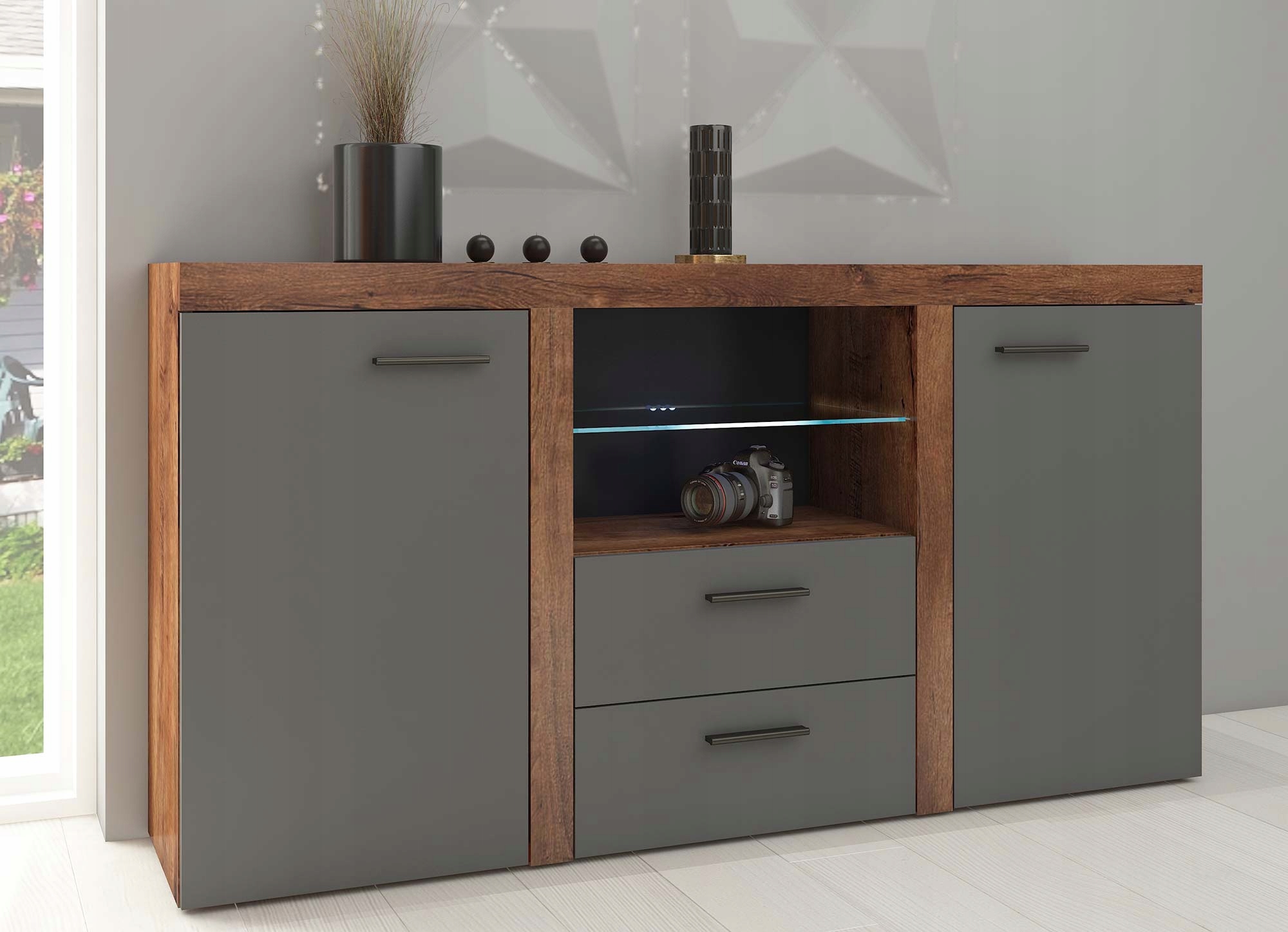 Komoda 2 Skříňky 2 Zásuvky Grafit Podsvícená Led Rumba