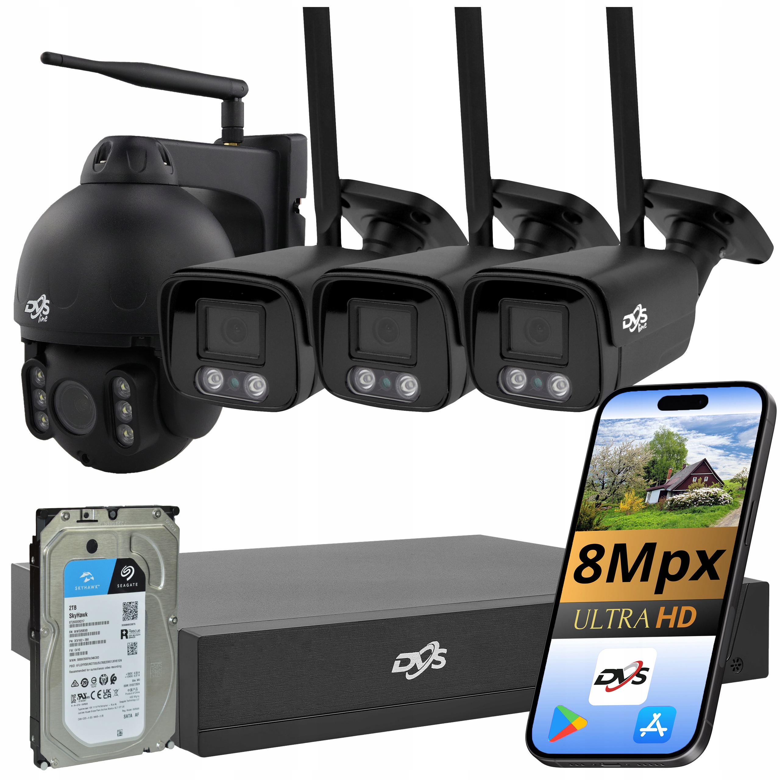 Sada Monitoringu 4K WiFi 3 Kamery 1 Otočný Černý Dům Společnost 2TB Dvs