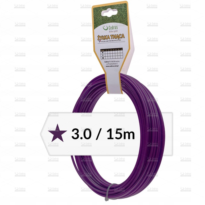 

Bardzo Mocna Żyłka tnąca Cedrus 3,0mm 15m gwiazdka