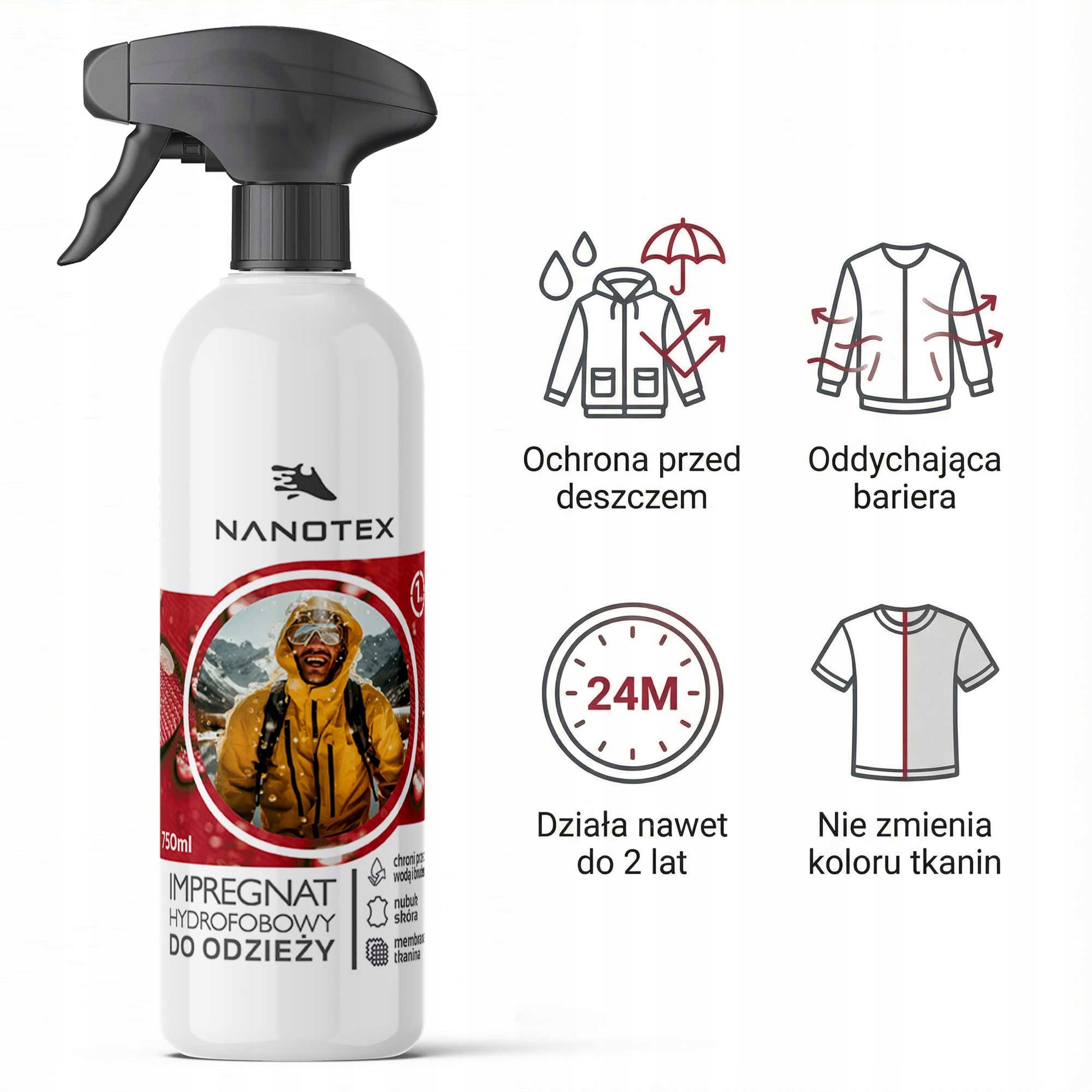 NanoTex wodny bezbarwny impregnat hydrofobowy do odzieży 750ml=7m2 Trwały