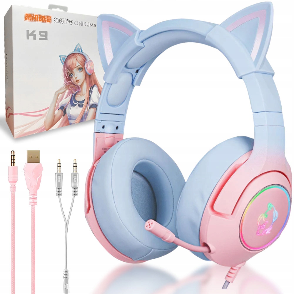 Onikuma K9 vezetékes gamer headset macskafülekkel, rózsaszín-kék