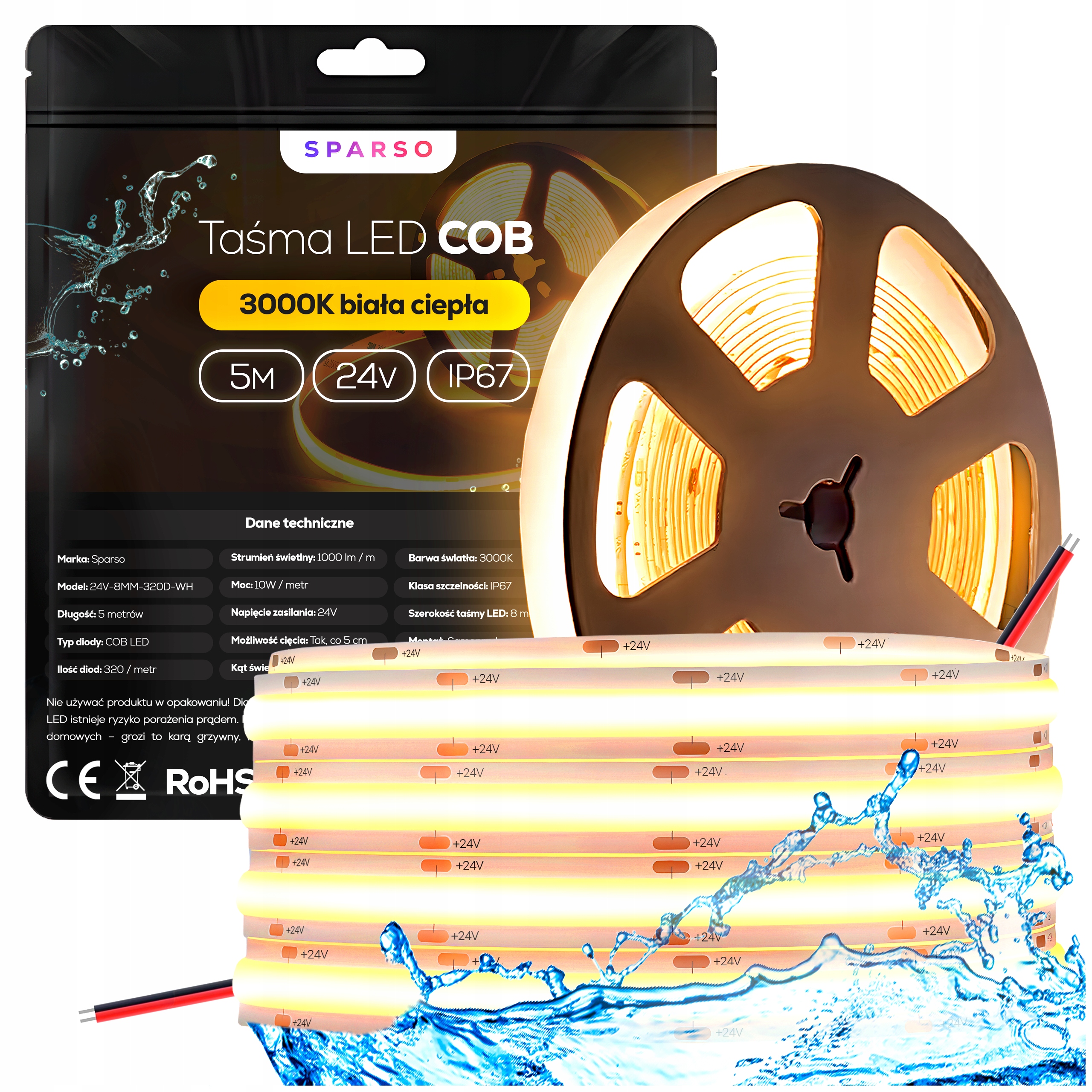 Taśma Led Neon Cob 24V 5m 10W/m 3000K Ciepła bezpunktowa Wodoodporna IP67