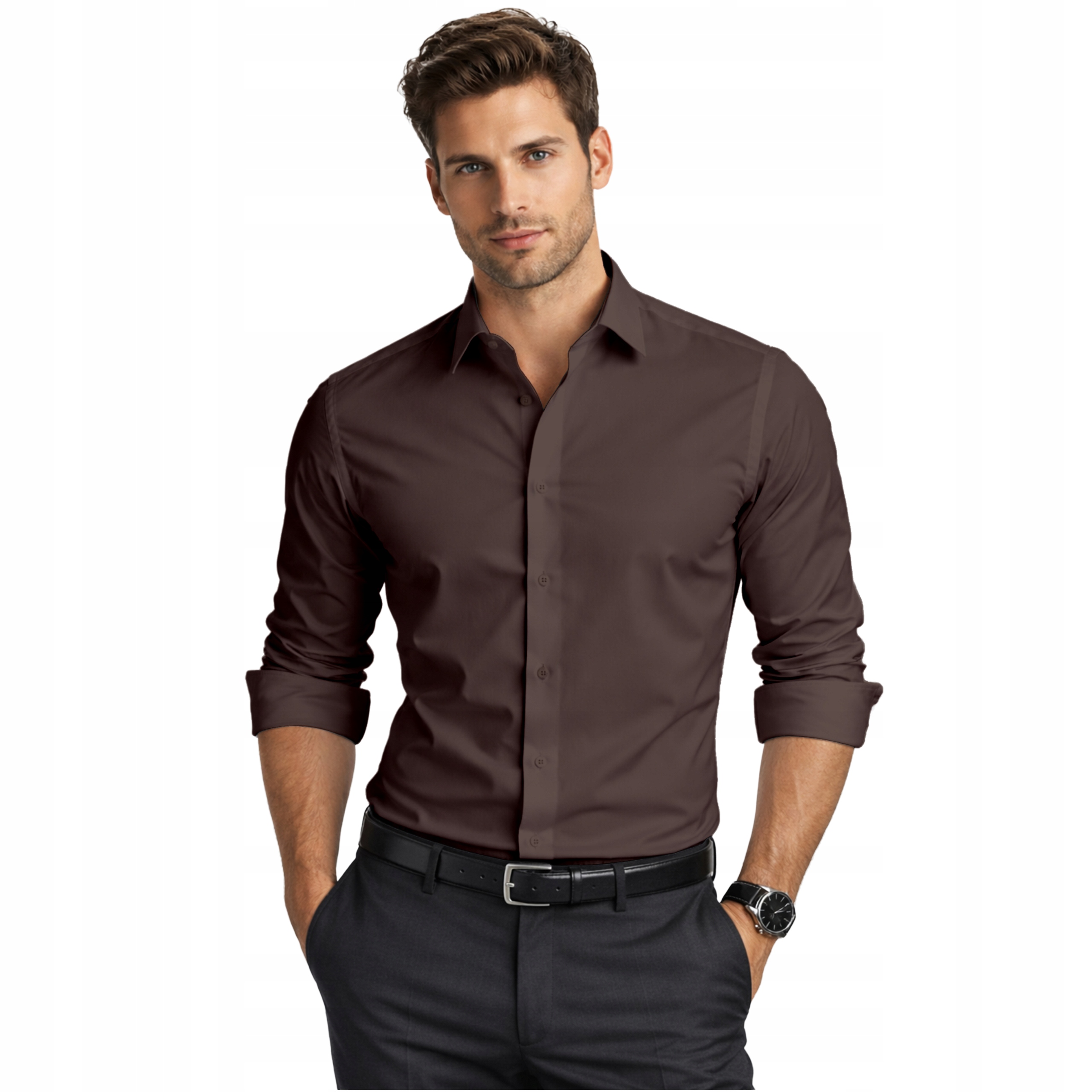 Koszula męska Espada brązowa Slim Fit gładka z elastanem długi rękaw r.M-39