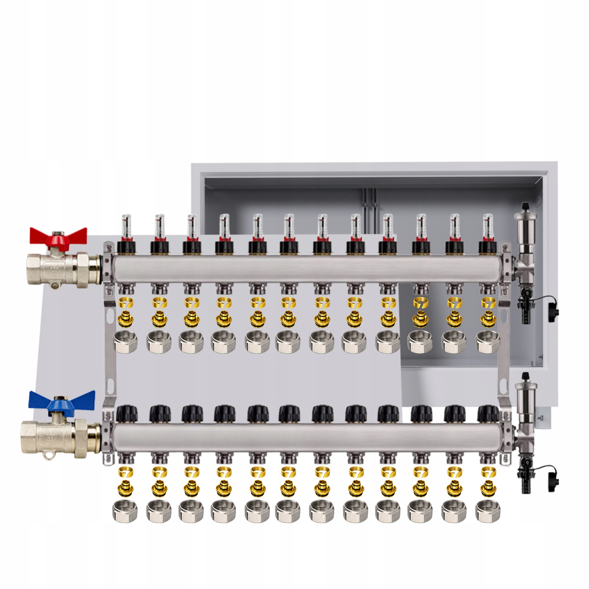 Nerezový rozdělovač pro podlahovku 12 okruhů podomítková skříňka Pex