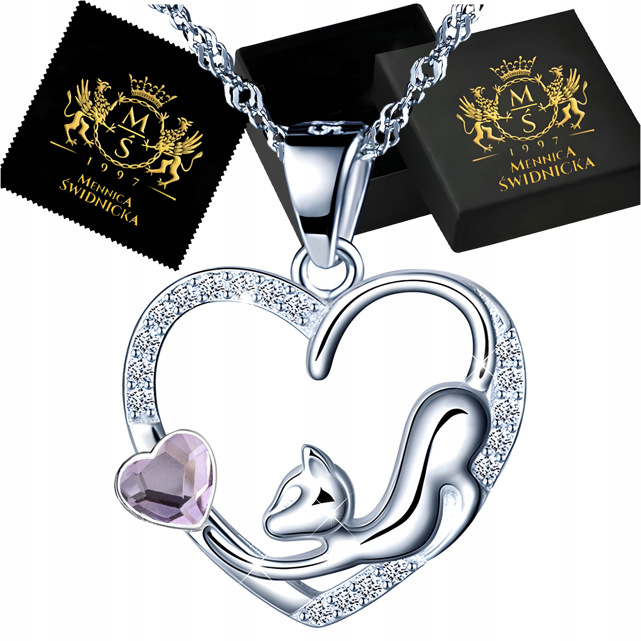 Stříbrný dámský náhrdelník Kočka v srdci Stříbro 925 Módní šperky pro ženy