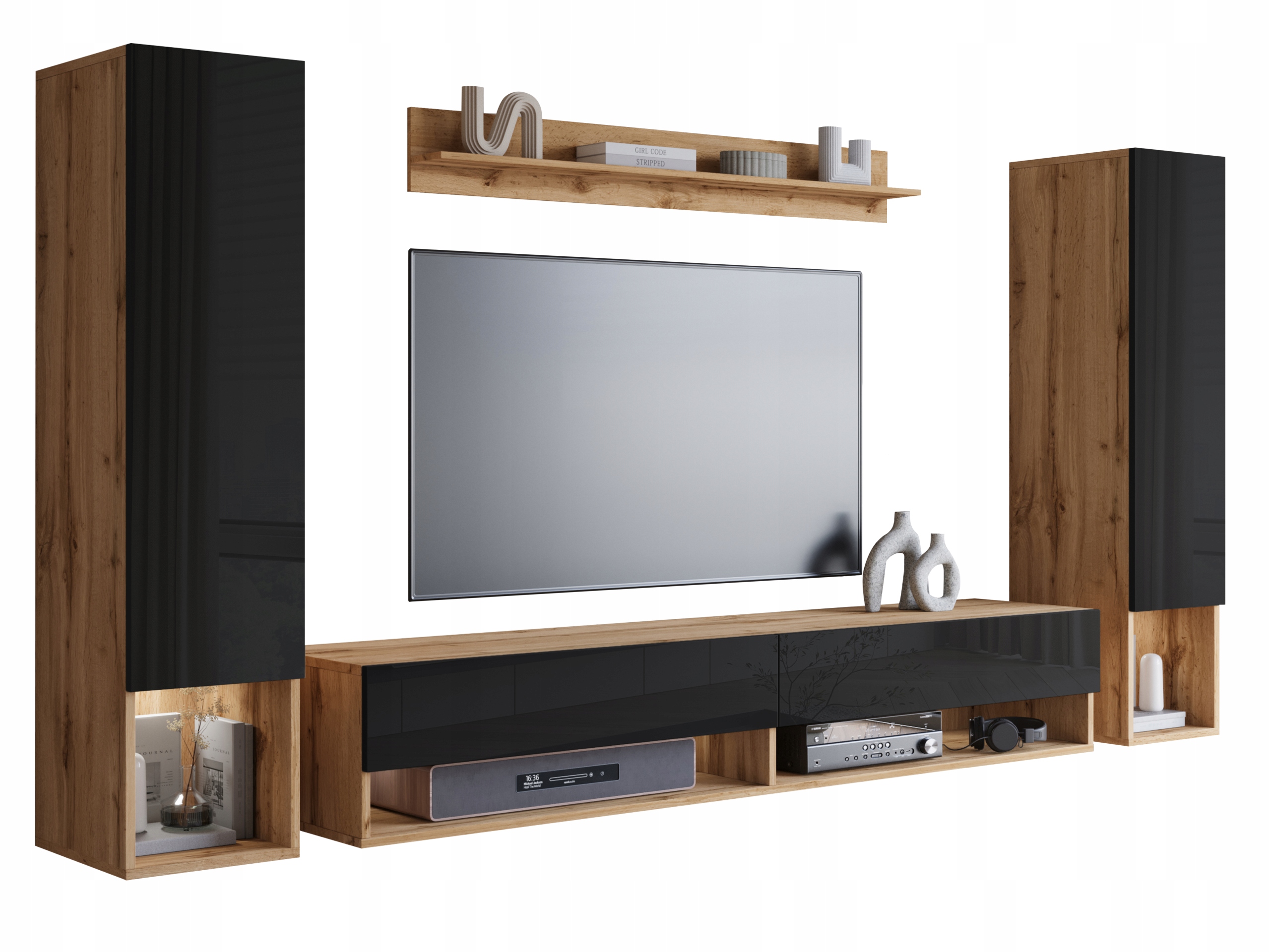 Závěsný set do obývacího pokoje sloupky Rtv skříňka police wotan/černý lesk s Led
