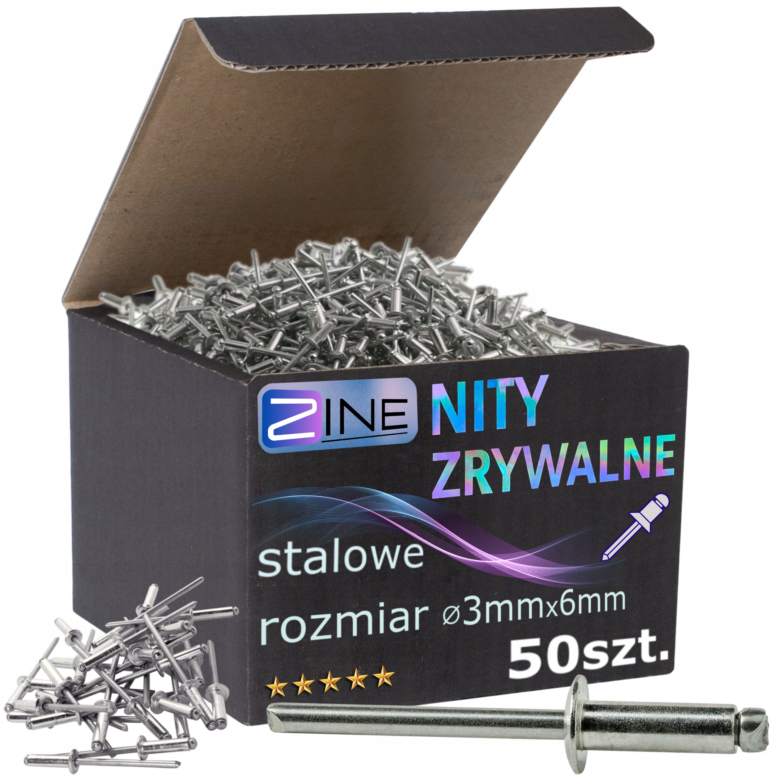 Nity Zrywalne Stalowo Stalowe 3x6mm Zestaw Nitów Stal/Stal Zine 50 sztuk