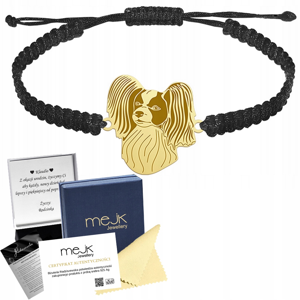 Zlatý náramek s psem Papillon 925 Žena Dárek Makramé Gravírování