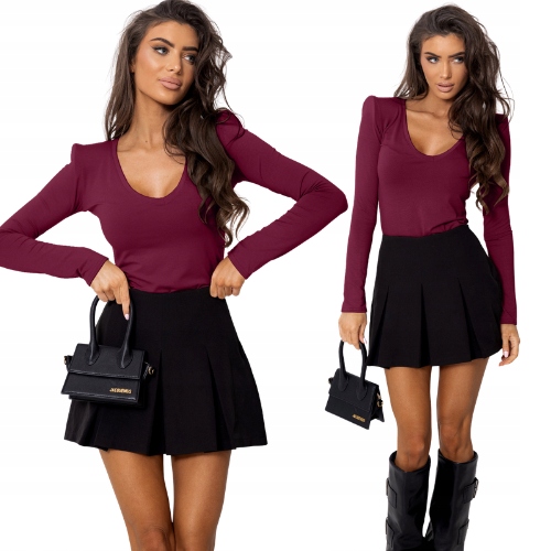 Modna Bluzka Długie Rękawy Dekolt V Wiskoza Bordowa