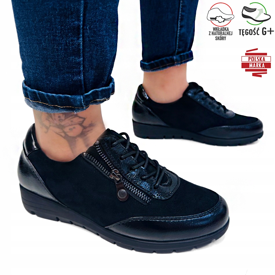 Černé Šněrovací Boty Se Zipem Na Nízkém Podpatku, Měkká Kůže, Velikost 41