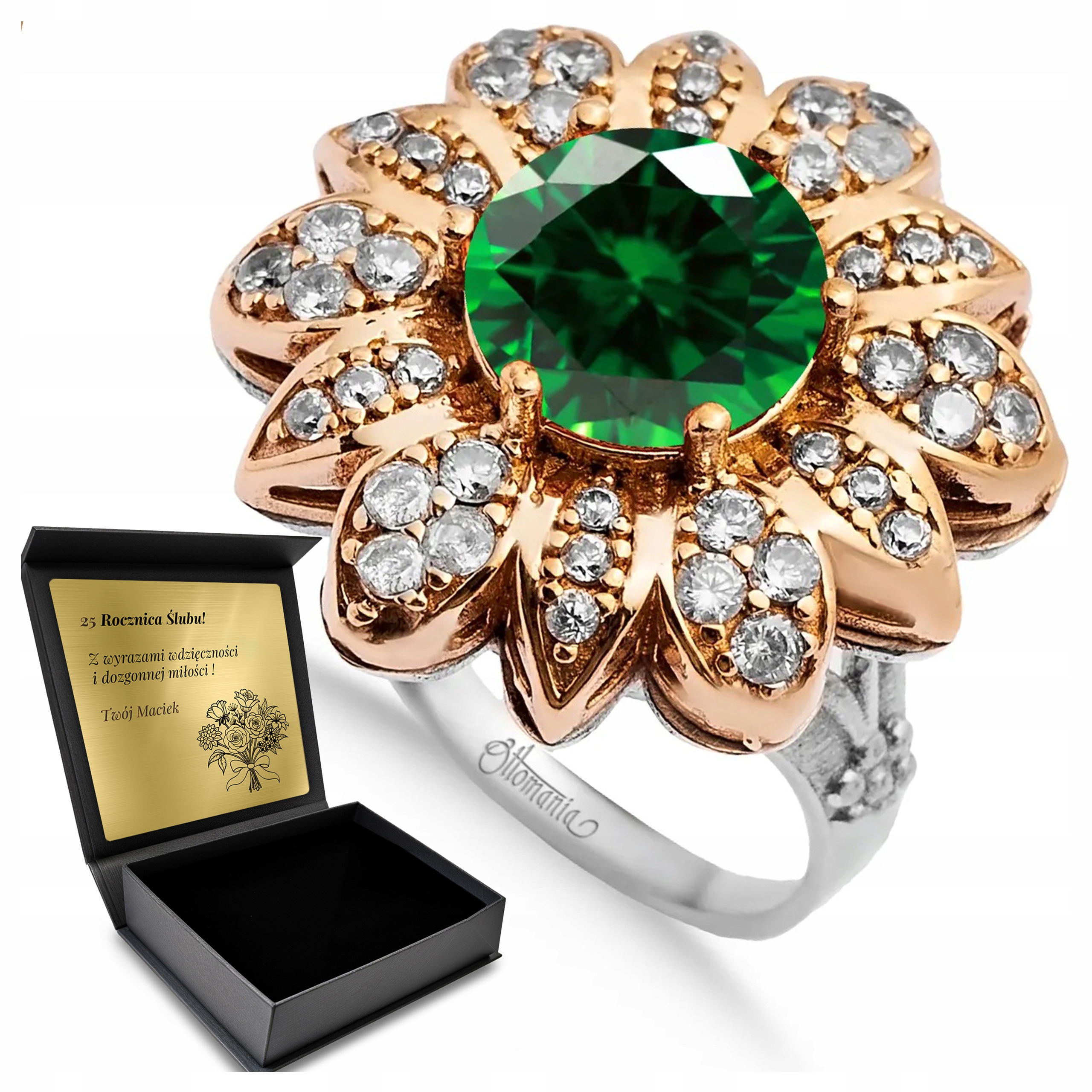 Prstýnek Zirkony Smaragd Dárek k Valentýnu Gravírování Bonus