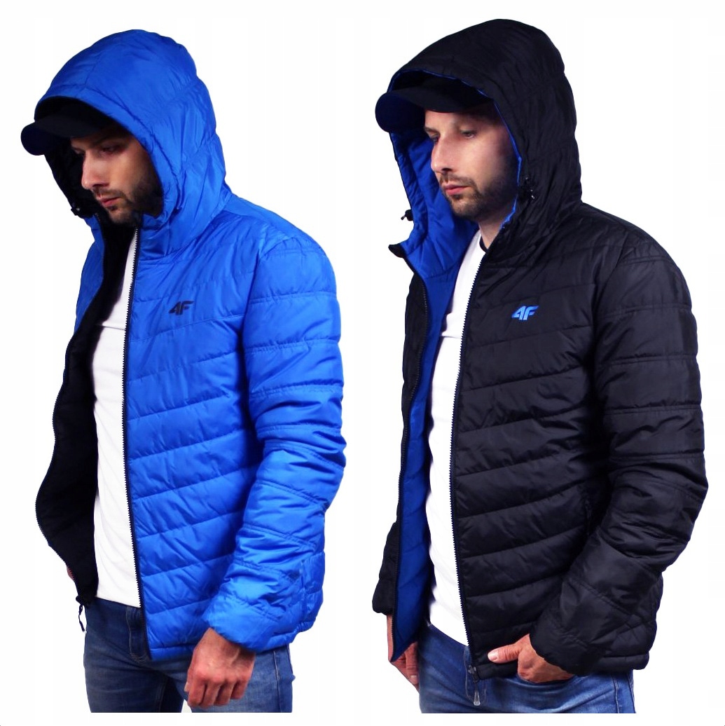 4F Jarní Oboustranná pánská bunda s kapucí, černá, modrá pro každodenní nošení