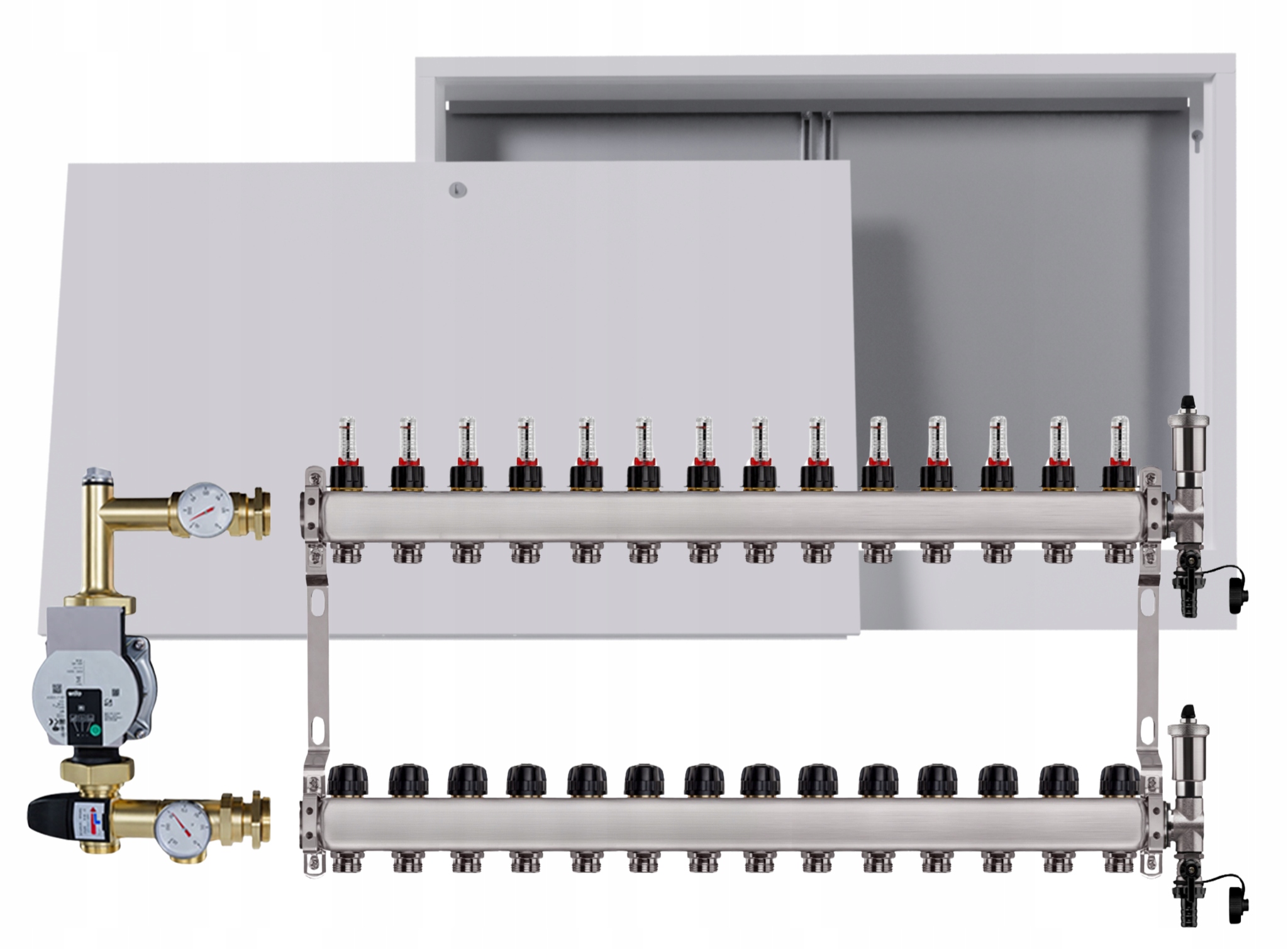 Nerezový rozdělovač pro podlahovku 14 s nástěnným boxem Pumpa Wilo